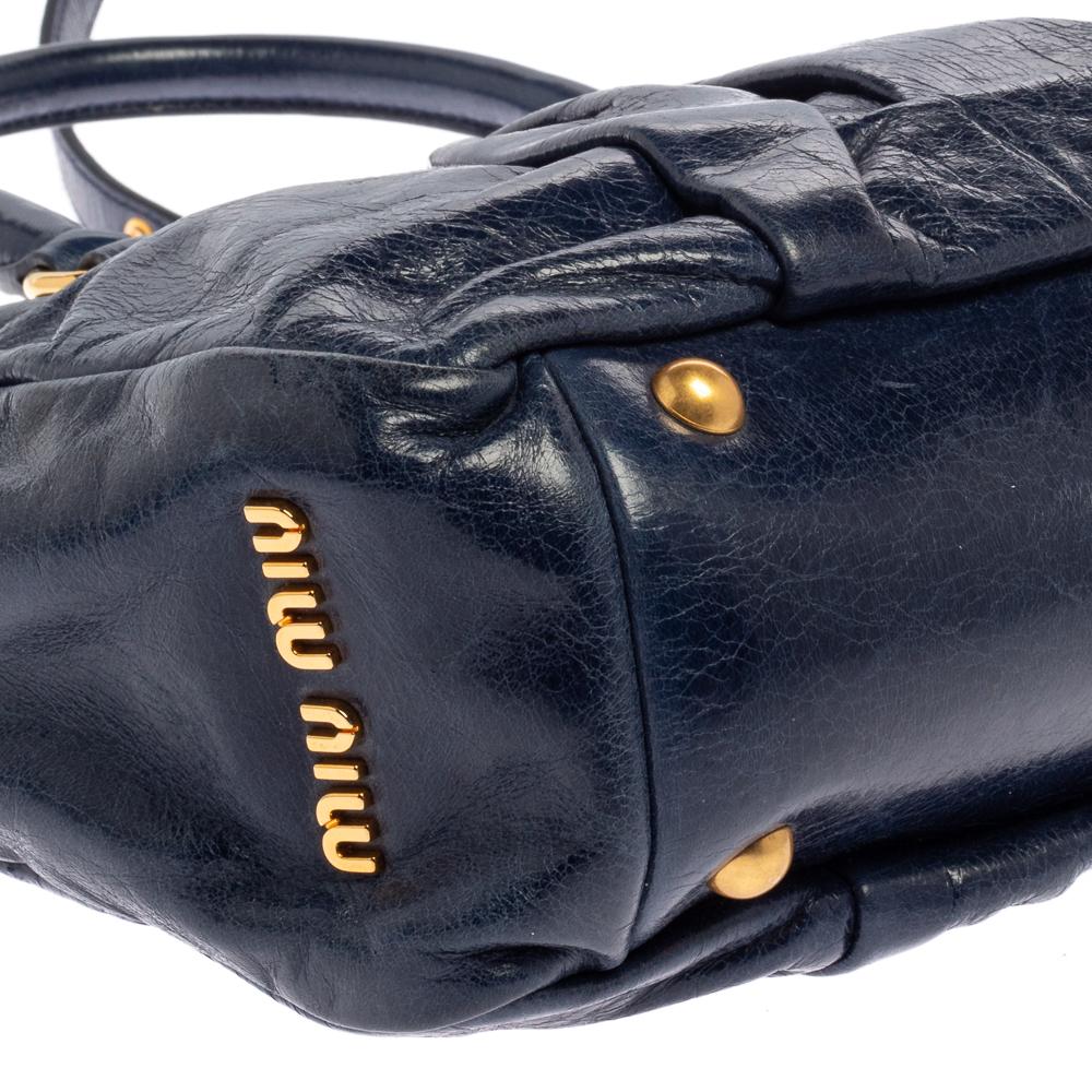 Miu Miu Navy Blue Glazed Pleated Leather Zip Satchel 6
