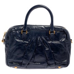 Miu Miu Navy Blue Glazed Pleated Leather Zip Satchel