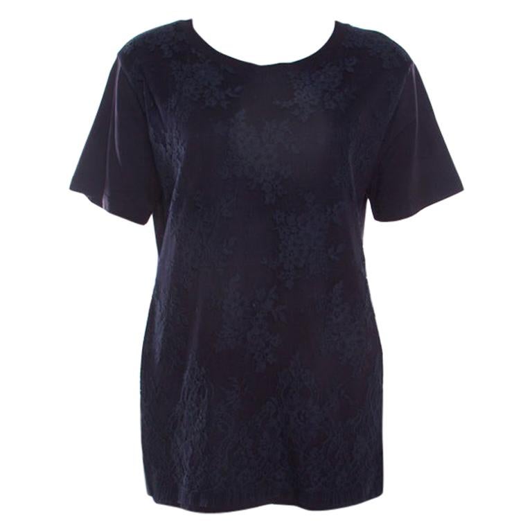 Miu Miu Navy Blue Jersey Lace Overlay Short Sleeve T-Shirt L
