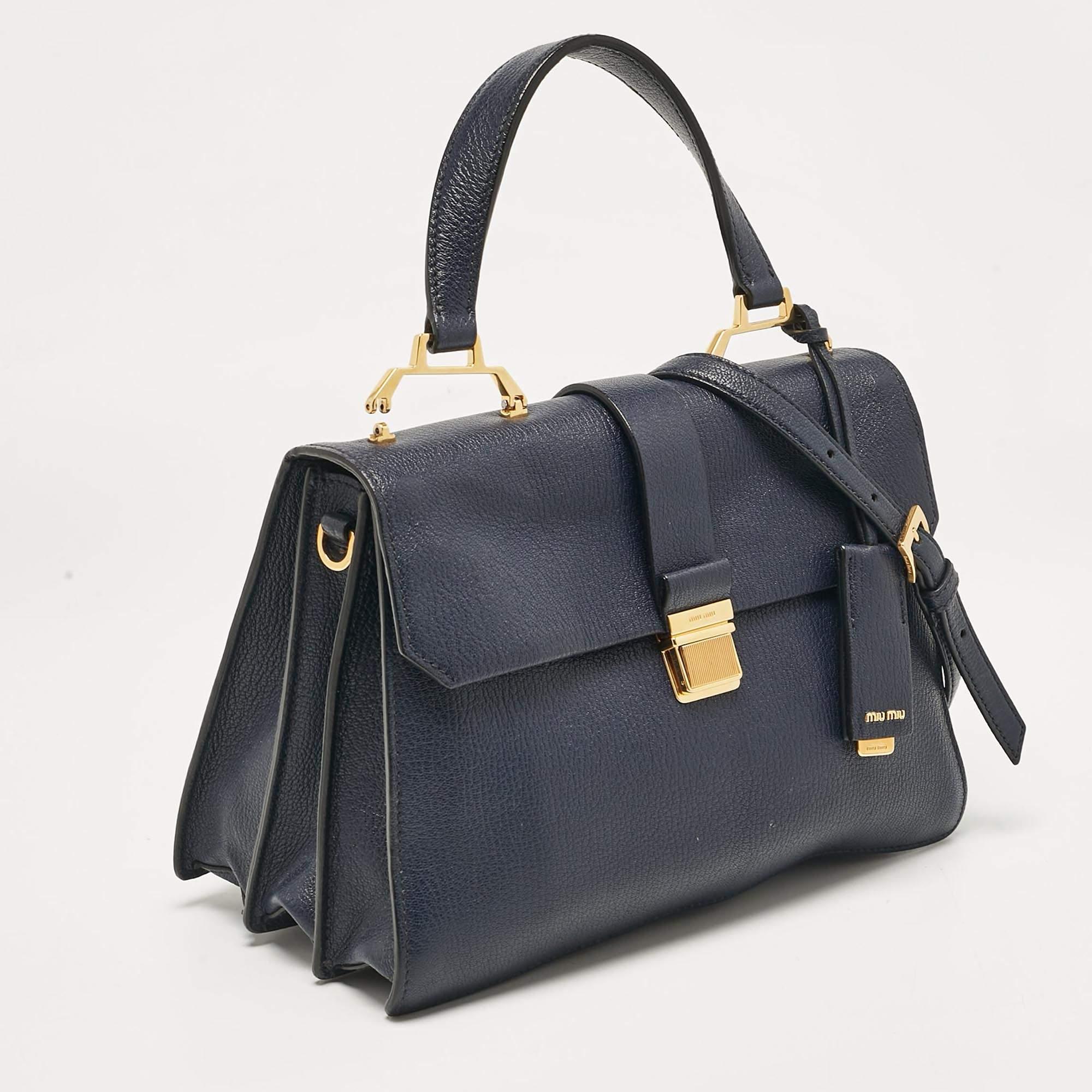 Black Miu Miu Navy Blue Leather Madras Top Handle Bag