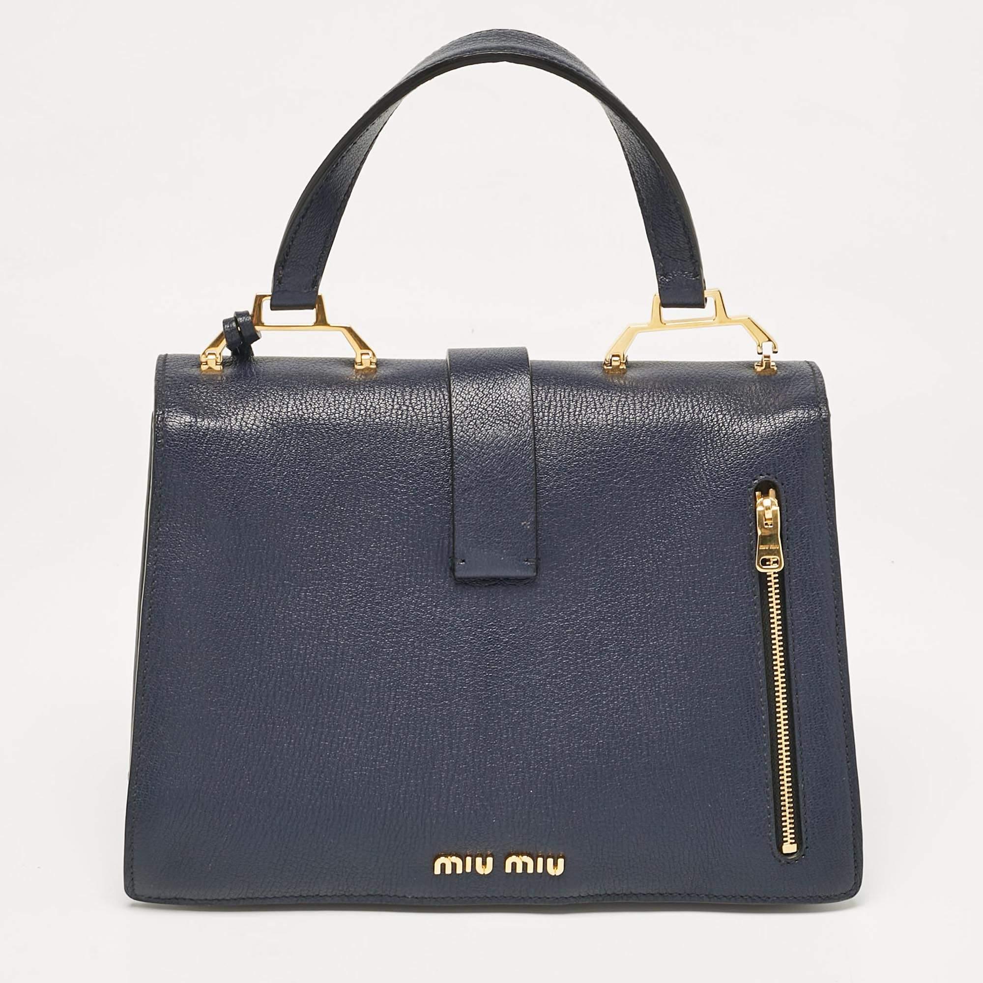 Miu Miu Navy Blue Leather Madras Top Handle Bag In Good Condition In Dubai, Al Qouz 2