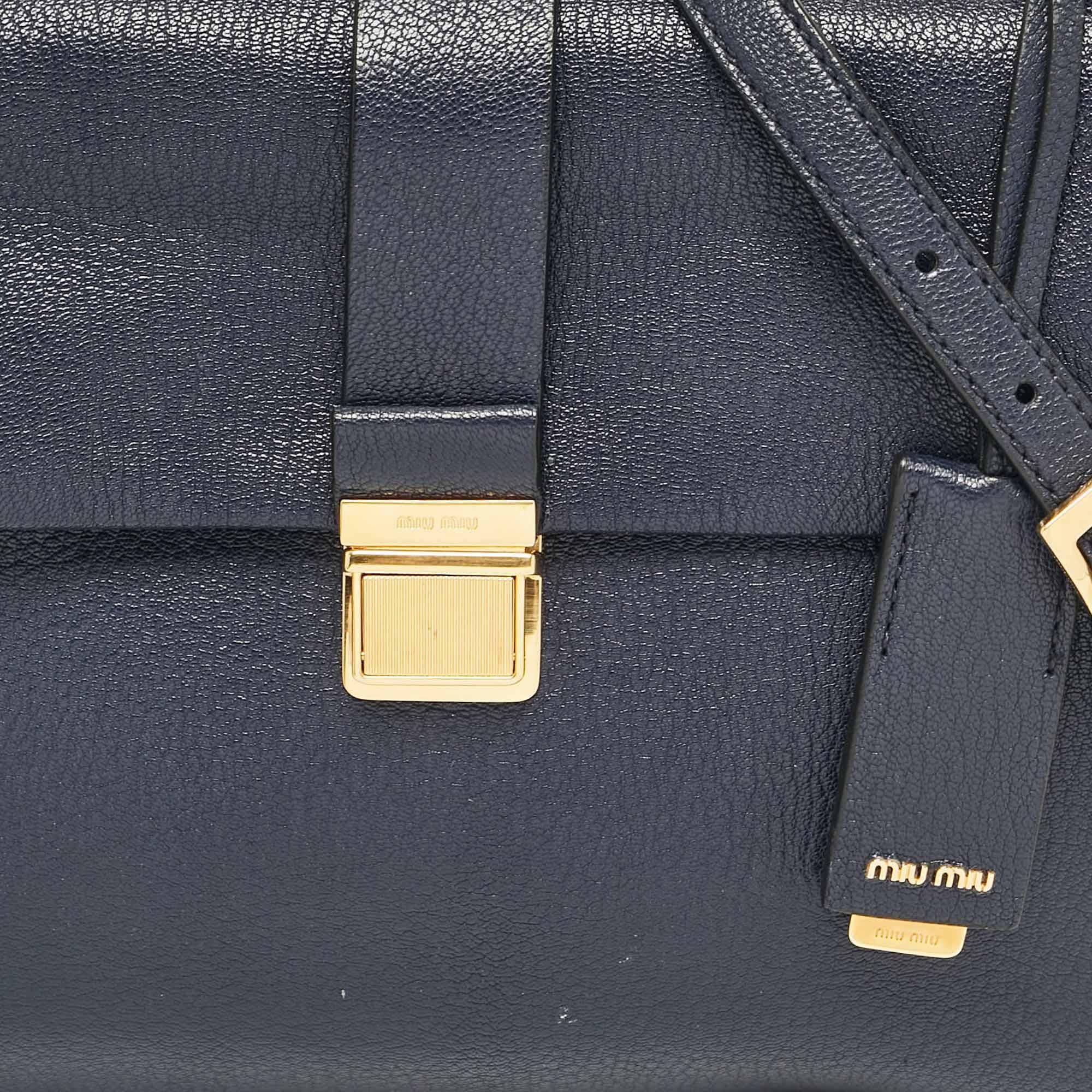 Women's Miu Miu Navy Blue Leather Madras Top Handle Bag