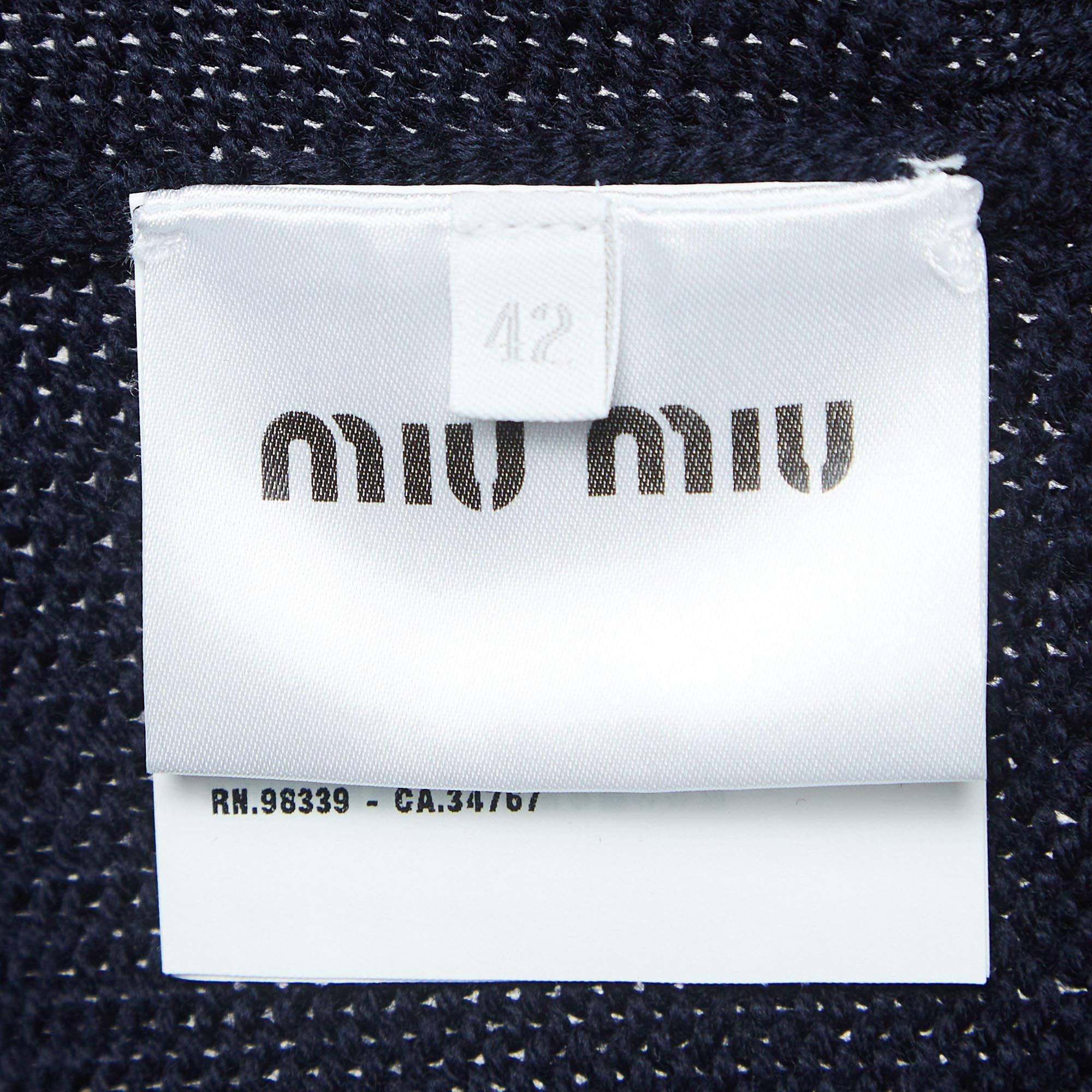 Miu Miu Navy Blue Logo Intarsia Knit Top M In Good Condition In Dubai, Al Qouz 2