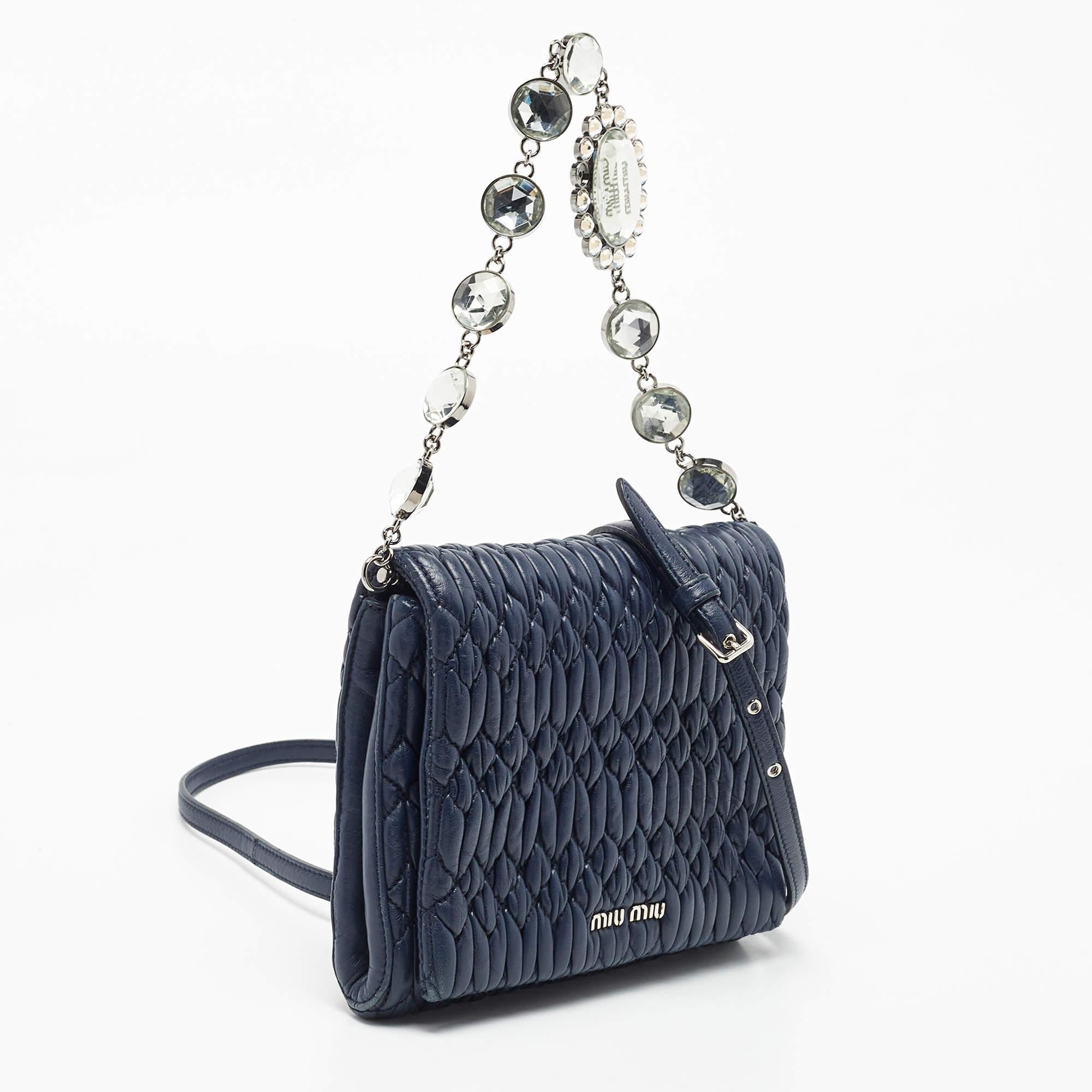 Women's Miu Miu Navy Blue Matelasse Leather Crystals Chain Crossbody Bag
