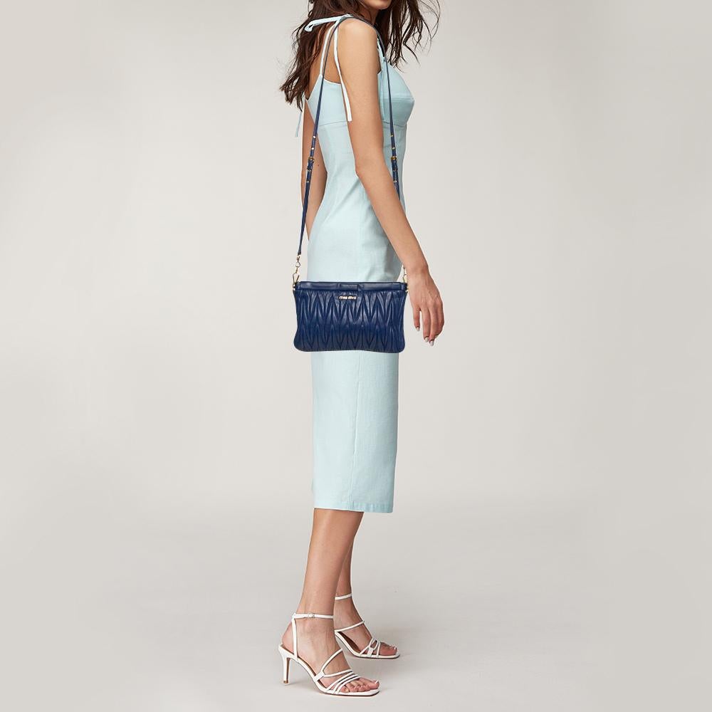 Black Miu Miu Navy Blue Matelasse Leather Frame Clutch Bag