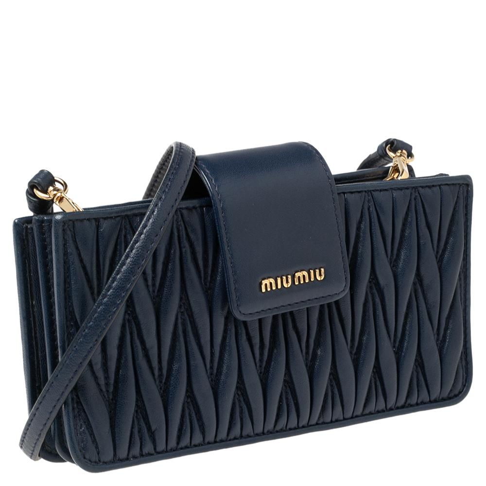 Black Miu Miu Navy Blue Matelasse Leather Phone Bag