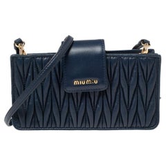 Used Miu Miu Navy Blue Matelasse Leather Phone Bag