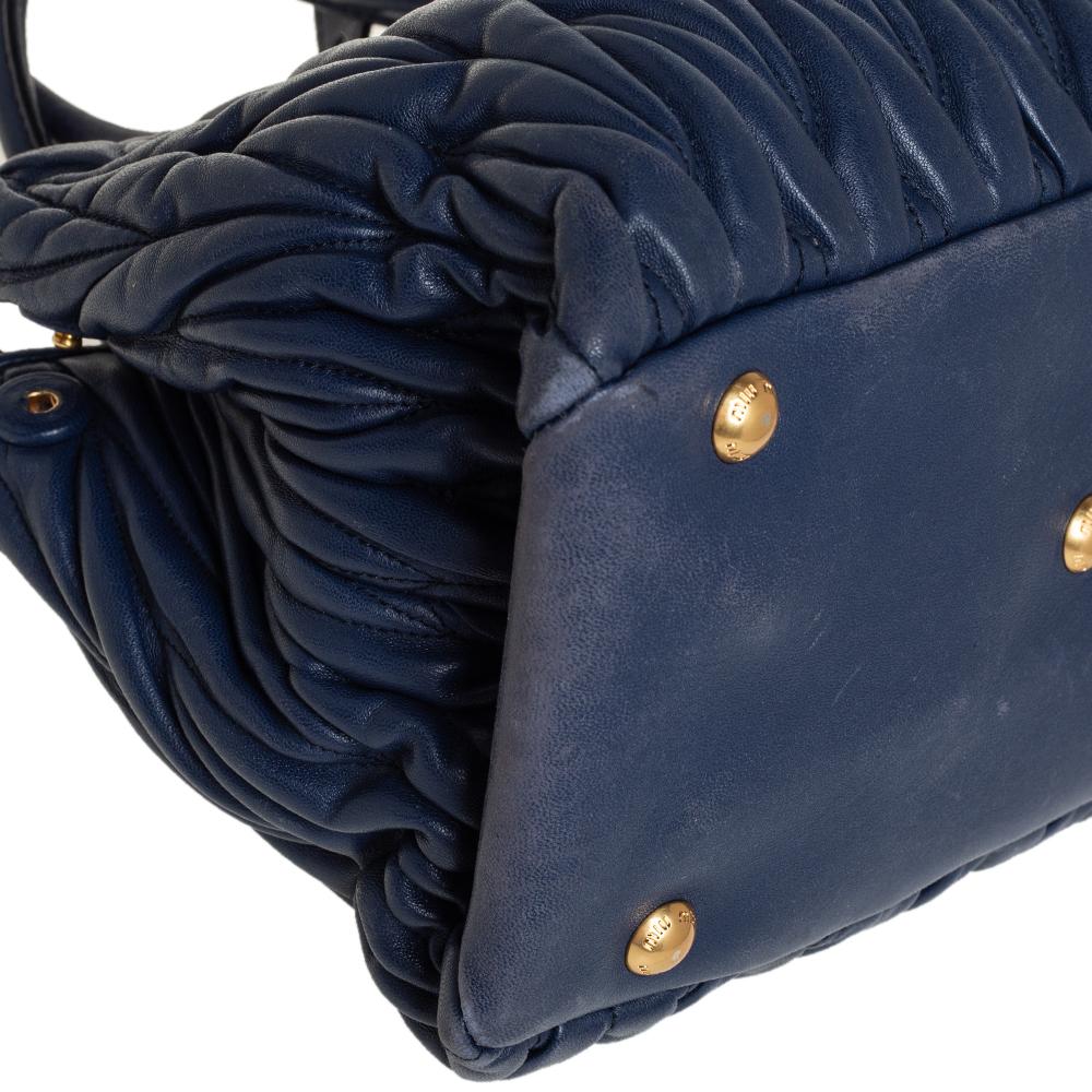 Miu Miu Navy Blue Matelassé Leather Snap Tote In Good Condition In Dubai, Al Qouz 2
