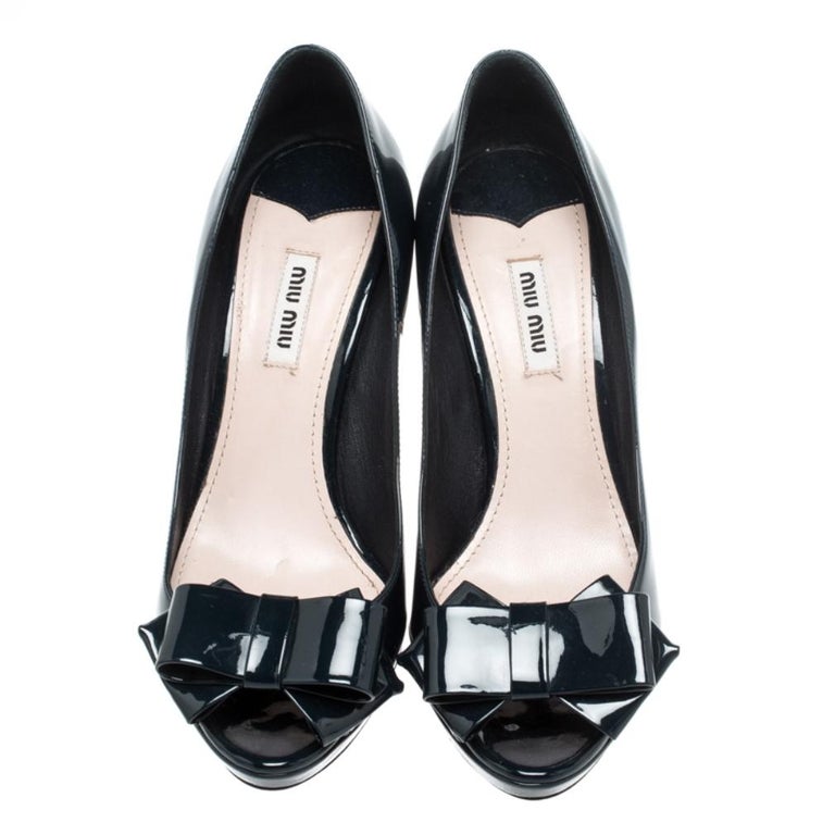 Miu Miu Navy Blue Patent Leather Bow Peep Toe Platform Pumps Size 39.5 ...