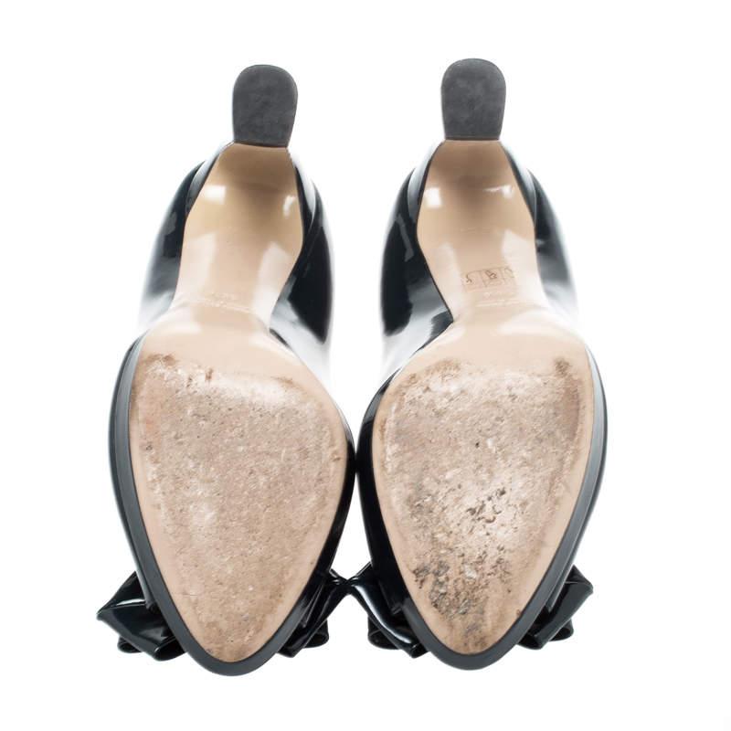 Miu Miu Navy Blue Patent Leather Bow Peep Toe Platform Pumps Size 39.5 2