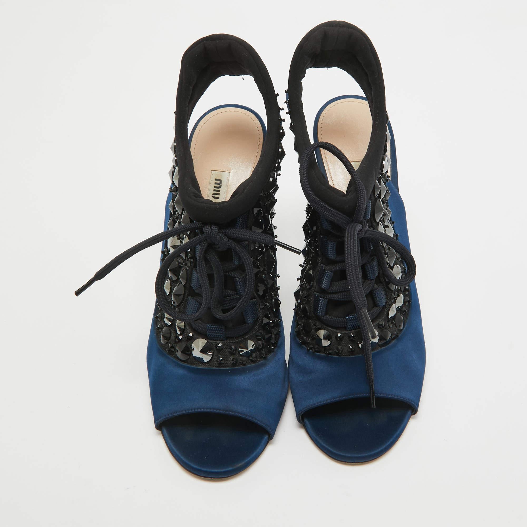 Black Miu Miu Navy Blue Satin Crystal Embellished Lace Up Slingback Sandals Size 39.5