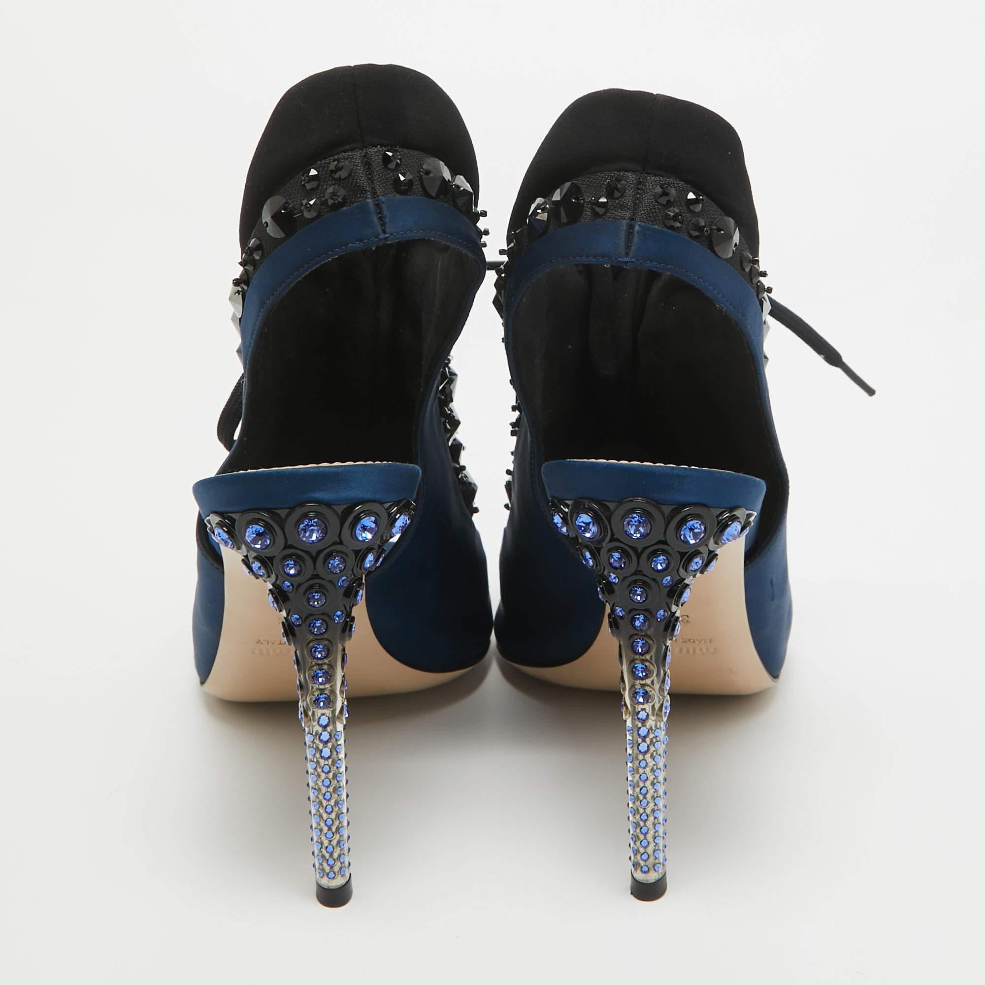 Women's Miu Miu Navy Blue Satin Crystal Embellished Lace Up Slingback Sandals Size 39.5