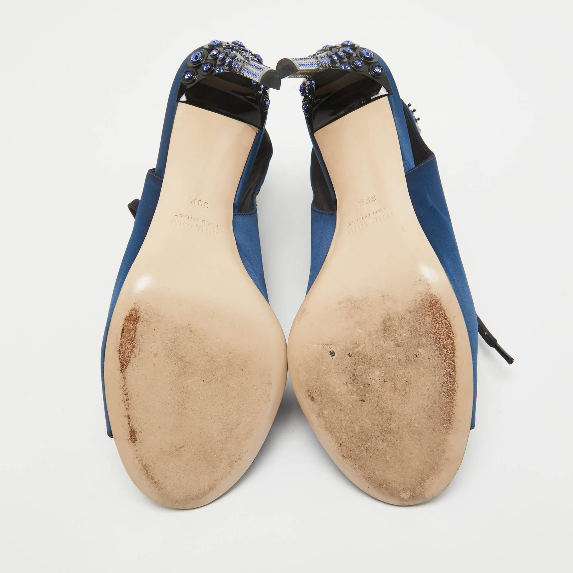 Miu Miu Navy Blue Satin Crystal Embellished Lace Up Slingback Sandals Size 39.5 1