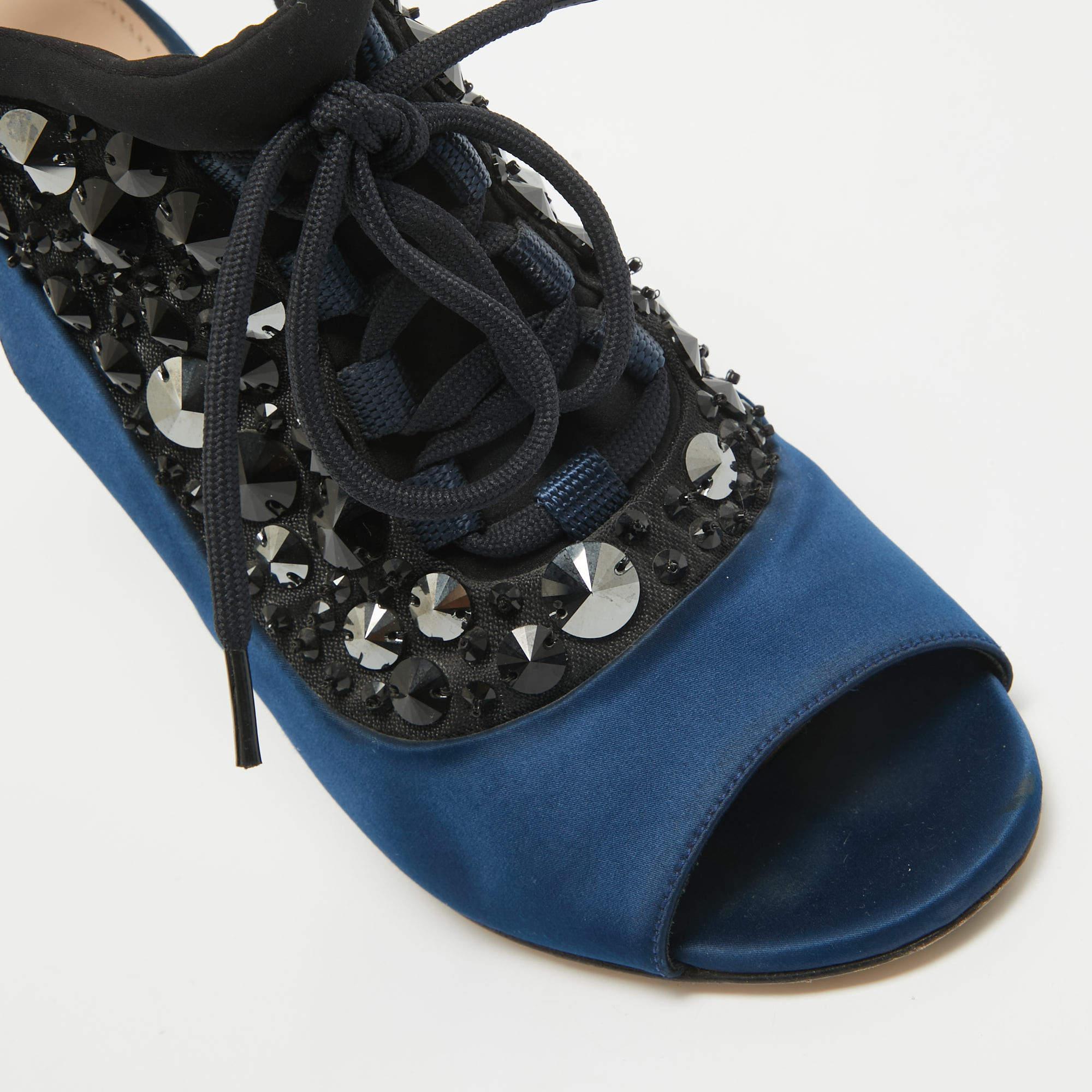 Miu Miu Navy Blue Satin Crystal Embellished Lace Up Slingback Sandals Size 39.5 2
