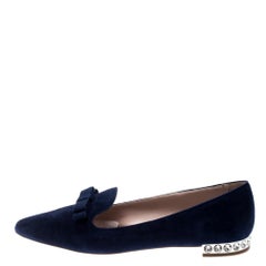 Miu Miu Navy Blue Suede Bow Detail Embellished Loafers Size 40