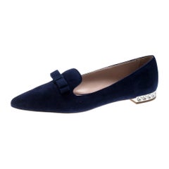 Miu Miu Navy Blue Suede Bow Detail Embellished Loafers Size 40