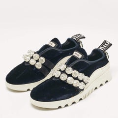 Miu Miu Navy Blue Velvet Crystal Embellished Slip On Sneakers Size 35.5