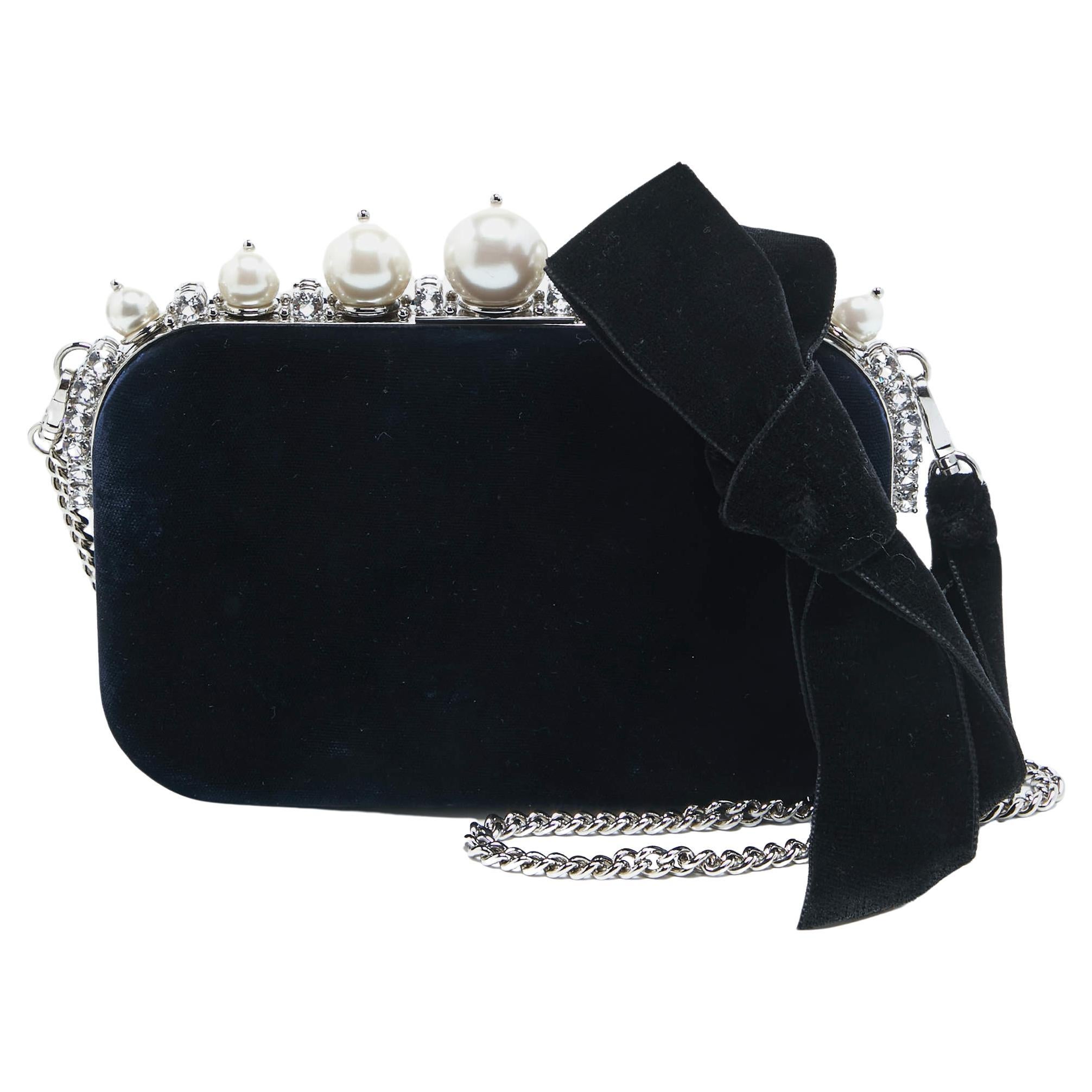 Miu Miu Navy Blue Velvet Pearl and Crystal Embellished Box Chain Clutch For Sale