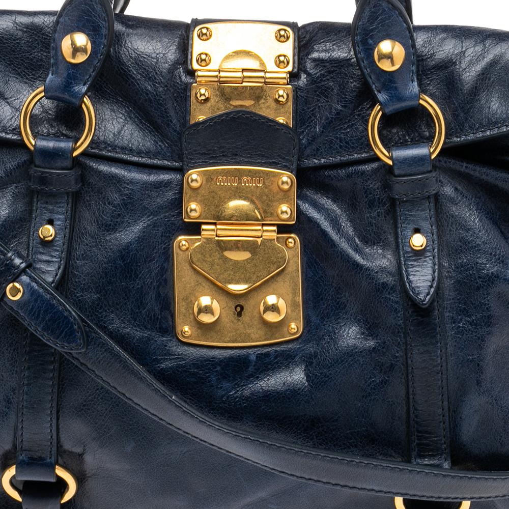 Miu Miu Navy Blue Vitello Lux Leather Bow Satchel 3