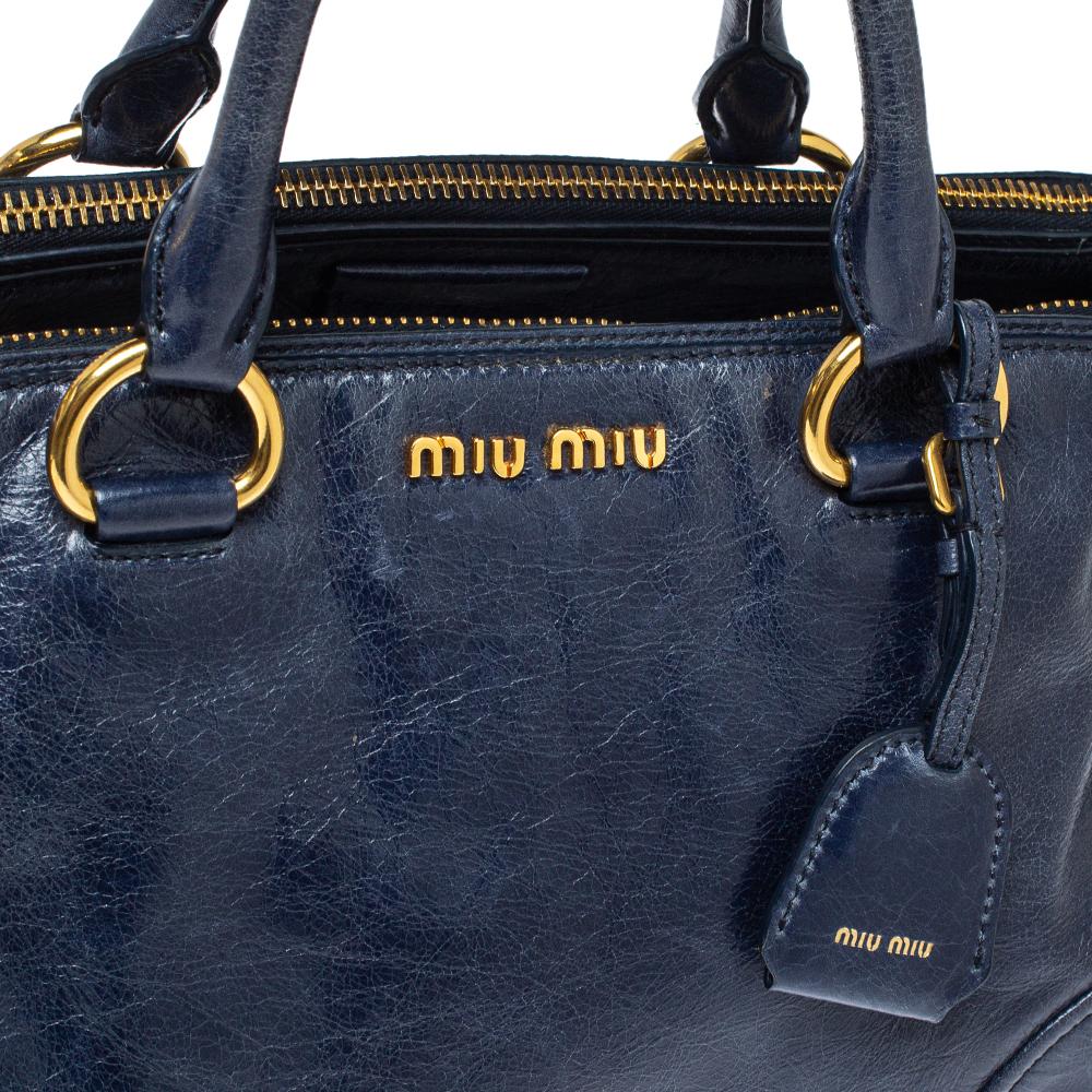 Miu Miu Navy Blue Vitello Shine Leather Double Zip Tote 2