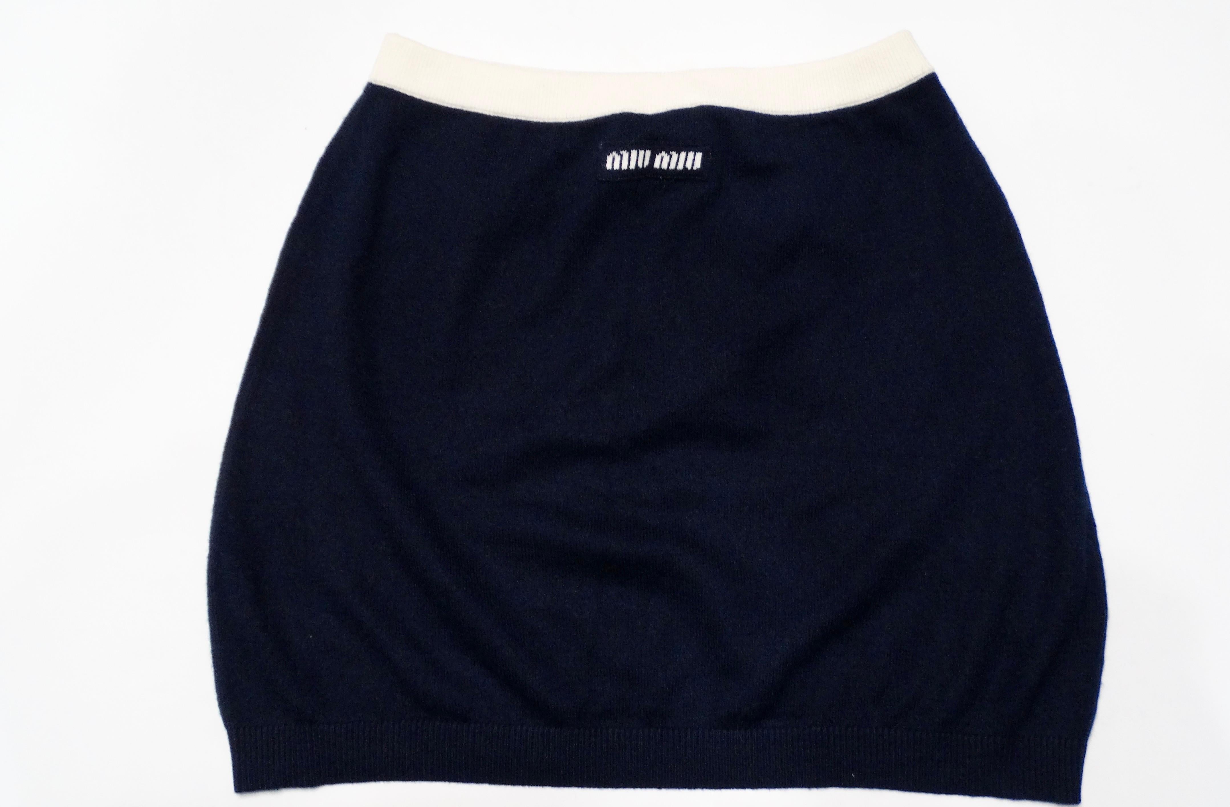 Black Miu Miu Navy Blue & White Cashmere Mini Skirt With Gold-Tone Button Accents For Sale