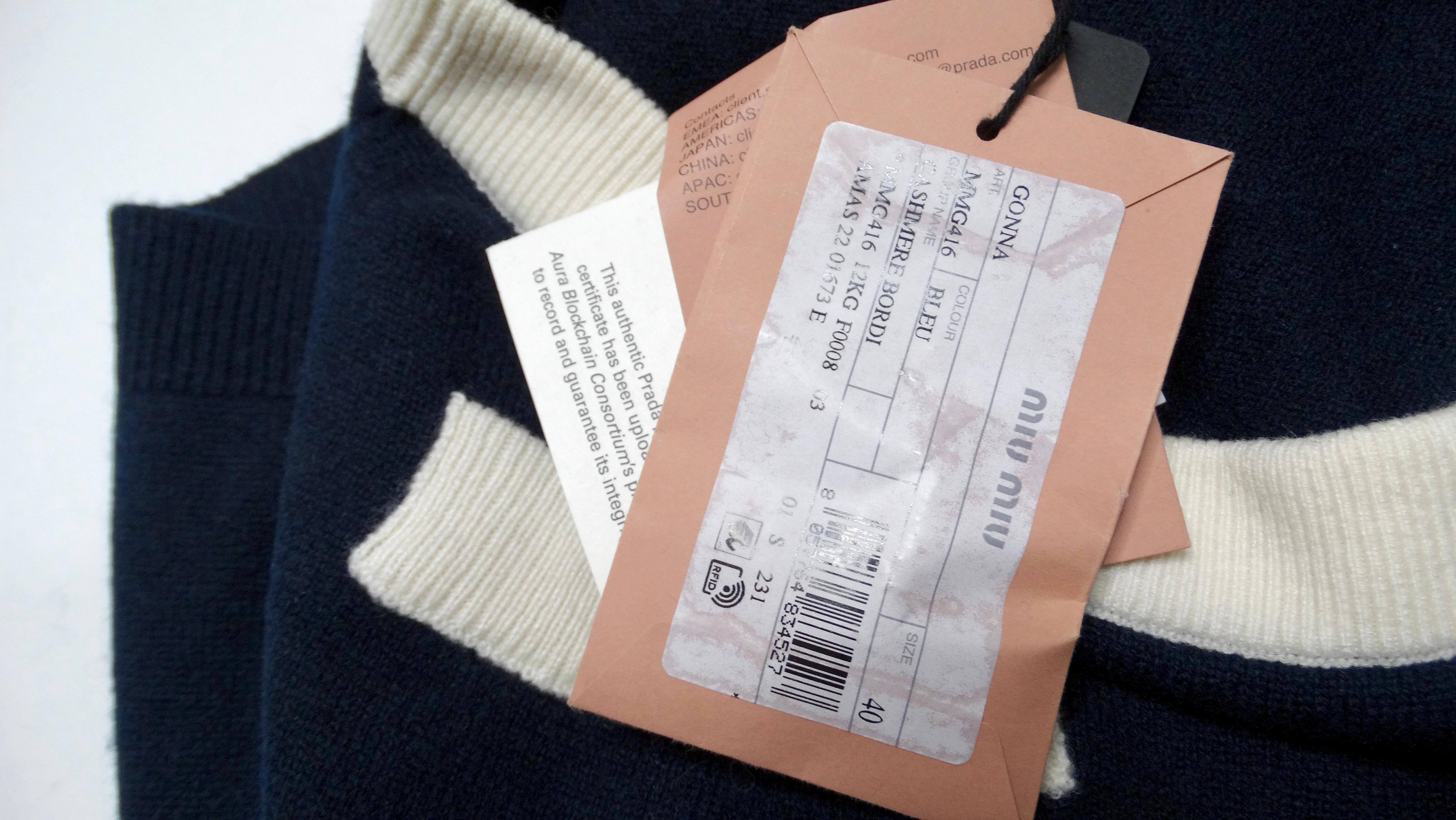 Women's Miu Miu Navy Blue & White Cashmere Mini Skirt With Gold-Tone Button Accents For Sale