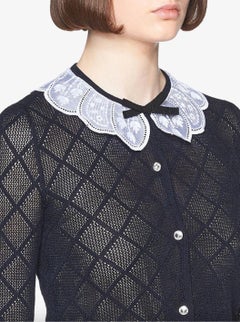 Miu Miu Navy Blue White Cashmere Quilted Crystal Embellished Collar Cardigan