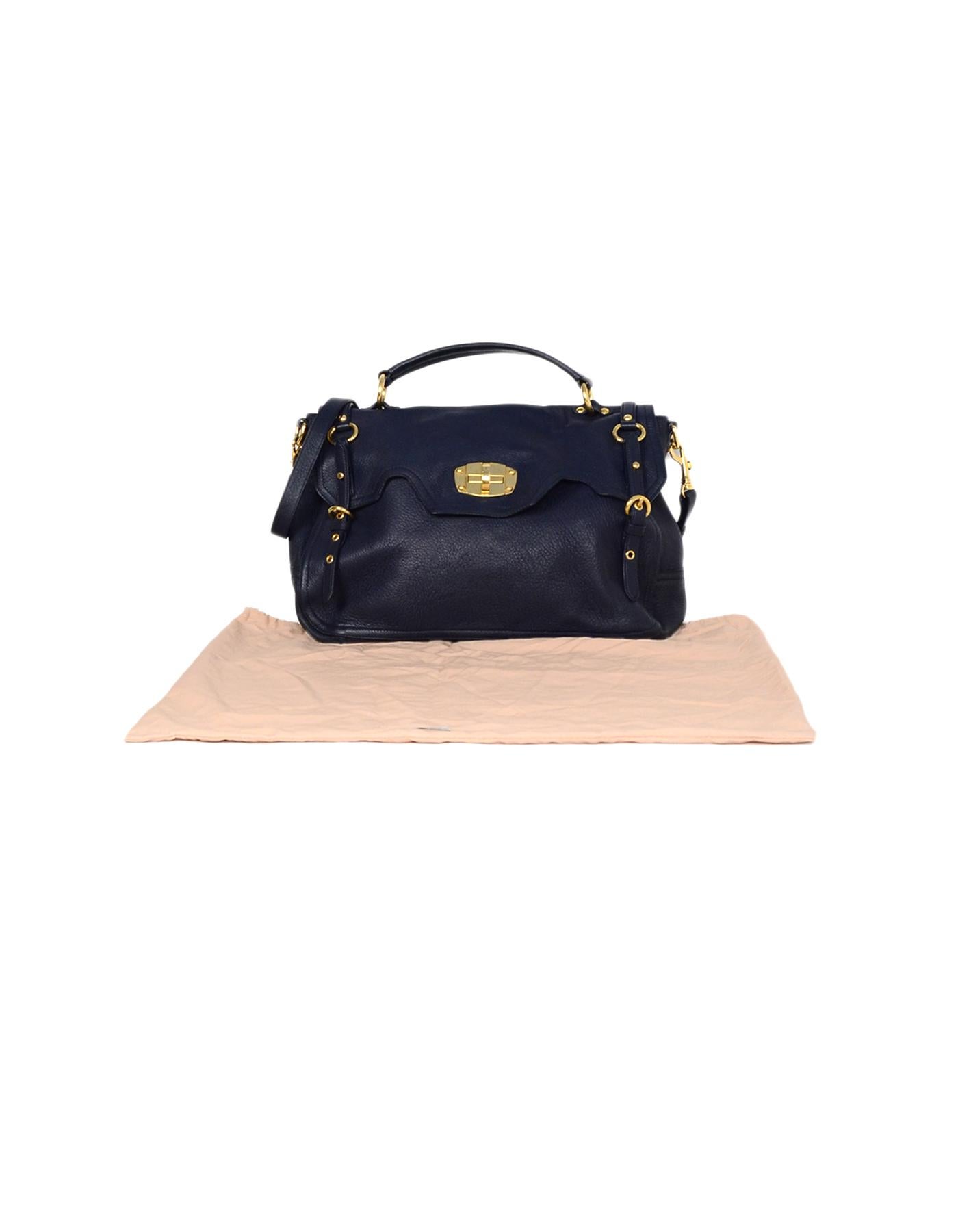 Miu Miu Navy Cervo Leather Large East/West Patina Buckle Satchel Messenger Bag 7