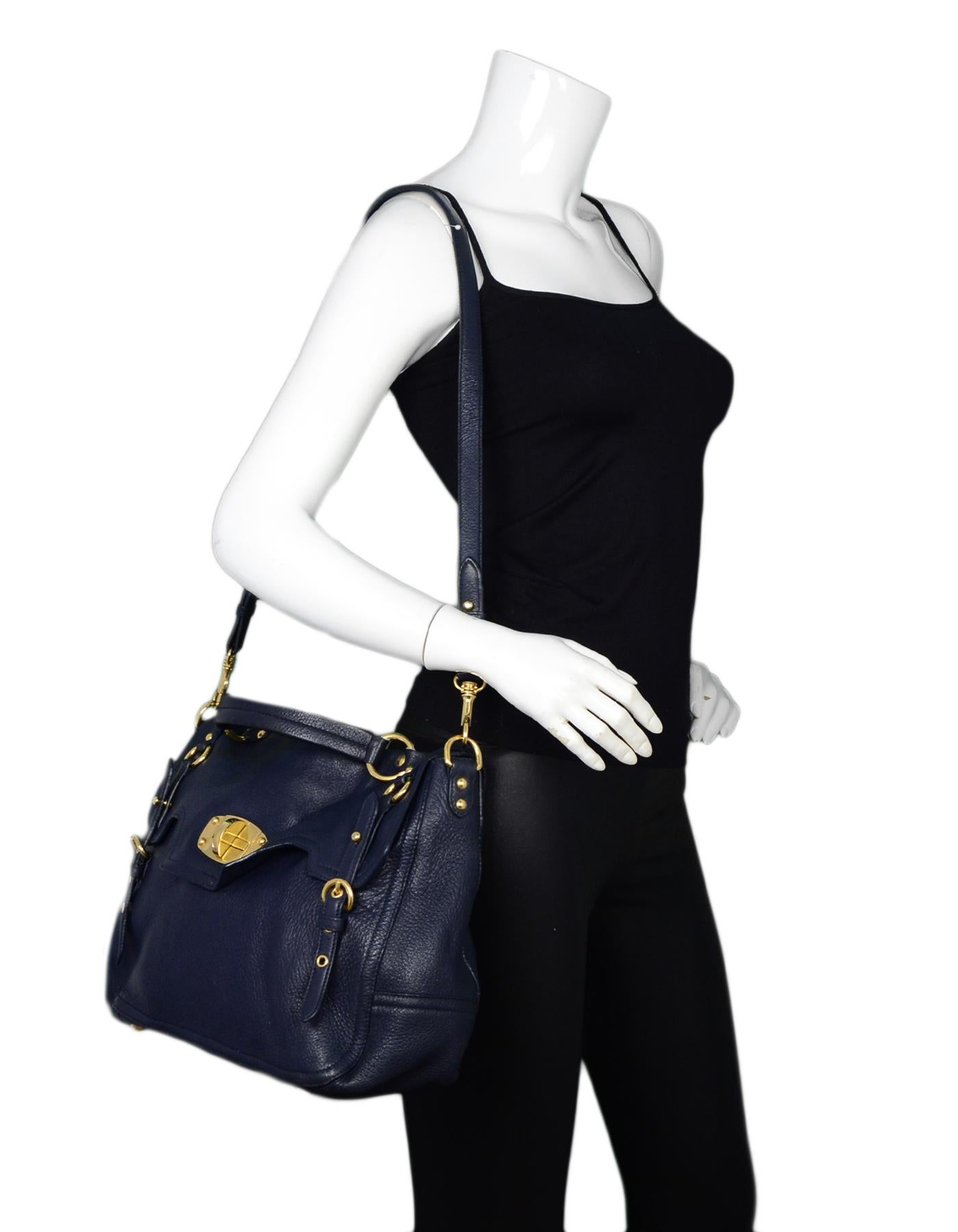 Black Miu Miu Navy Cervo Leather Large East/West Patina Buckle Satchel Messenger Bag