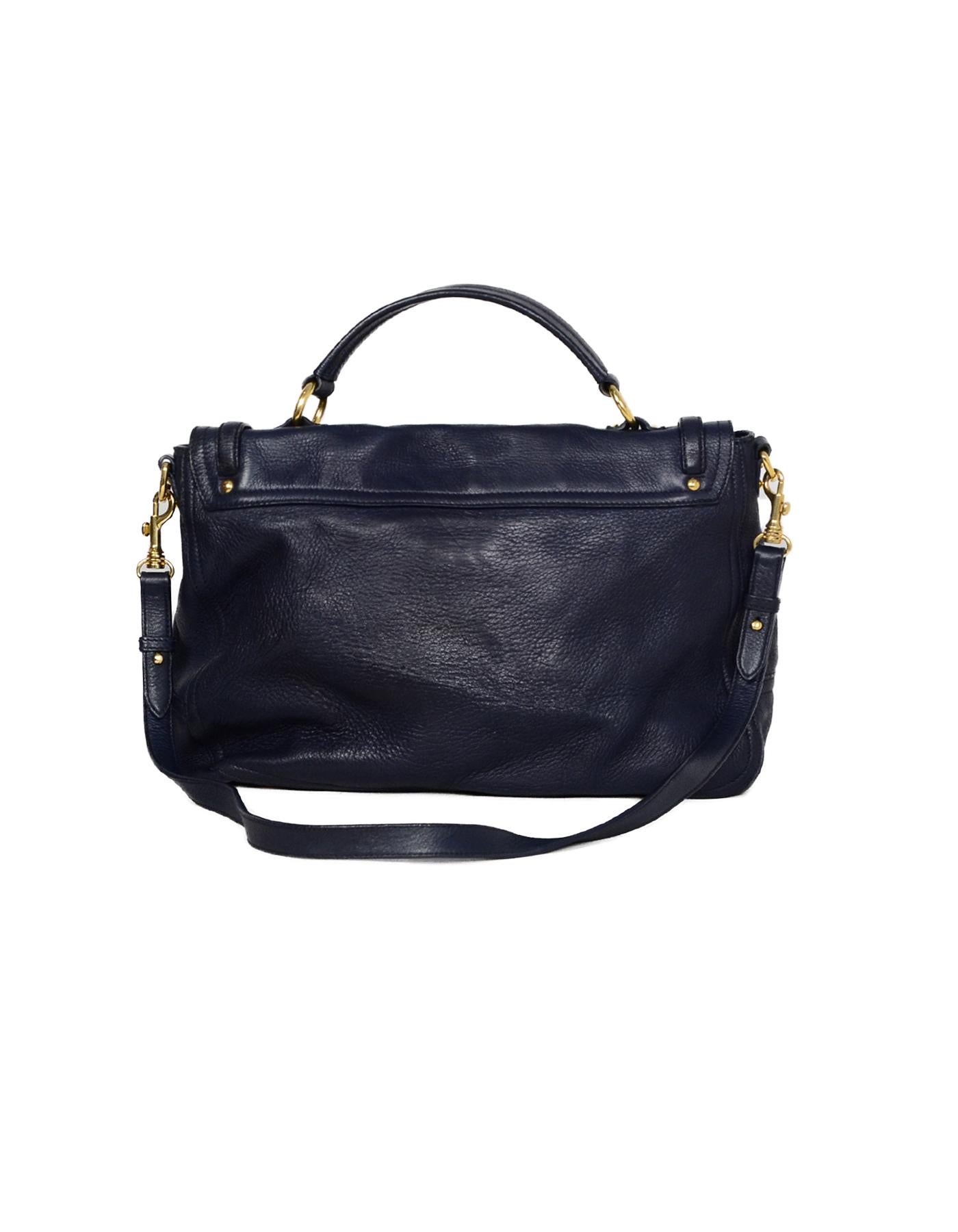 Miu Miu Navy Cervo Leather Large East/West Patina Buckle Satchel Messenger Bag In Good Condition In New York, NY