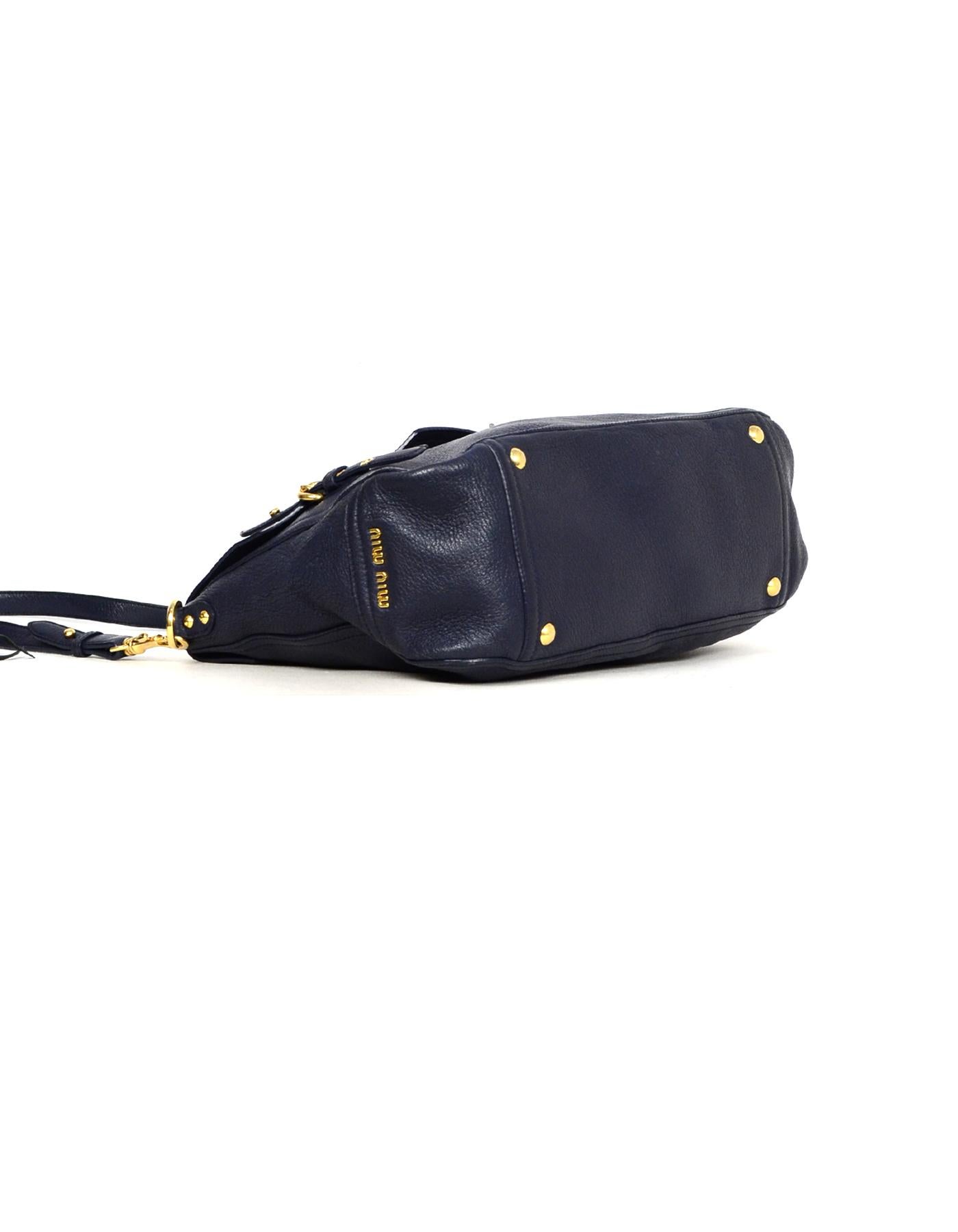 Women's Miu Miu Navy Cervo Leather Large East/West Patina Buckle Satchel Messenger Bag