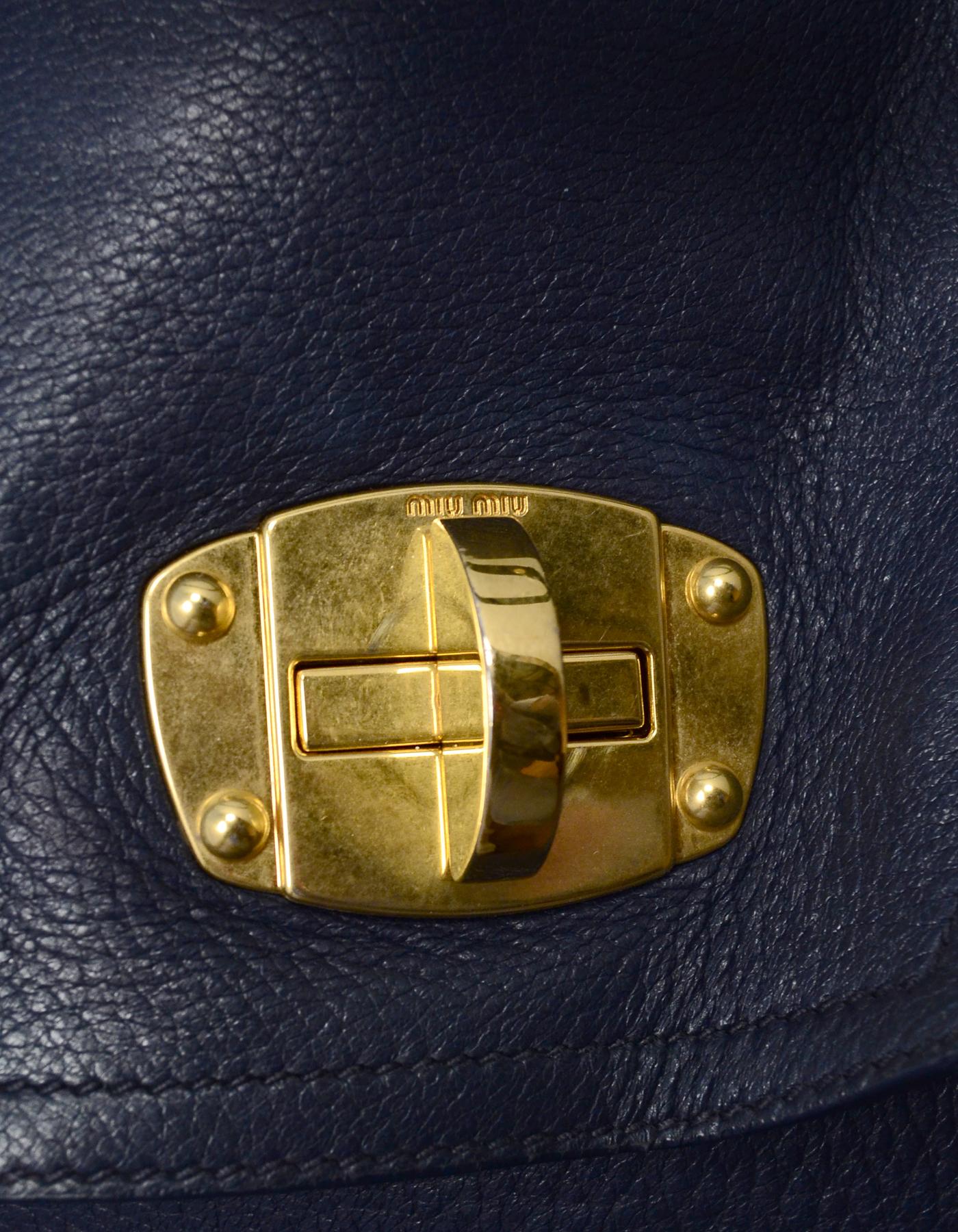 Miu Miu Navy Cervo Leather Large East/West Patina Buckle Satchel Messenger Bag 3