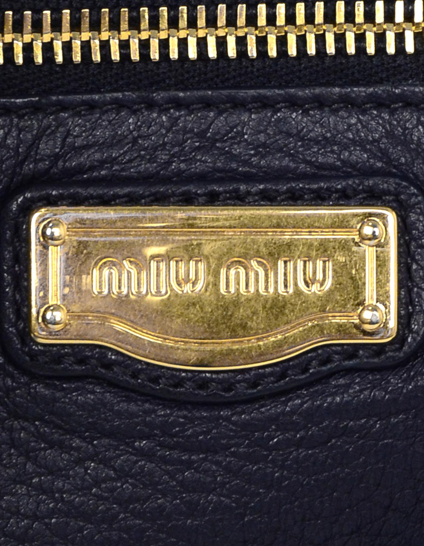 Miu Miu Navy Cervo Leather Large East/West Patina Buckle Satchel Messenger Bag 4
