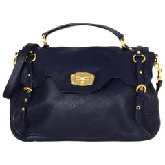 Miu Miu Navy Cervo Leather Large East/West Patina Buckle Satchel Messenger Bag