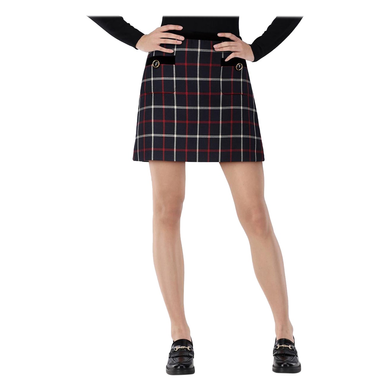 Miu Miu Navy Checkered Mini A-Line Skirt Size S en vente