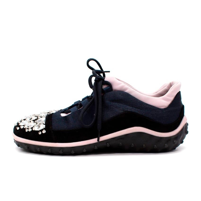 Miu Miu Navy & Light Pink Rhinestone Toe Lace Up Sneakers In Excellent Condition For Sale In London, GB