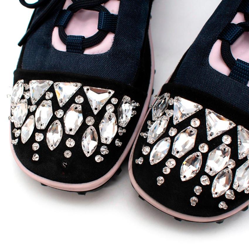 Women's Miu Miu Navy & Light Pink Rhinestone Toe Lace Up Sneakers For Sale
