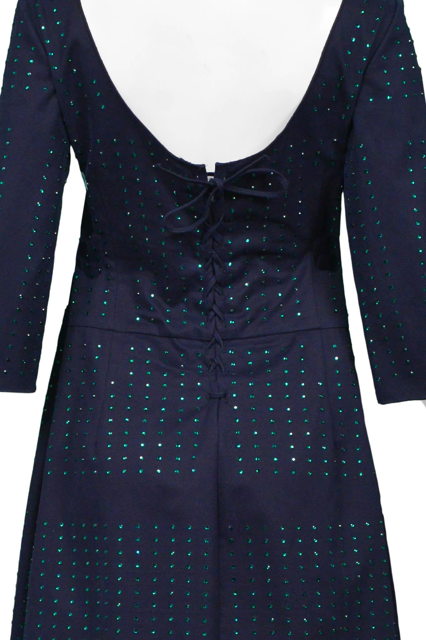 Miu Miu Navy Mini Dress With Green Rhinestones In Excellent Condition For Sale In Los Angeles, CA