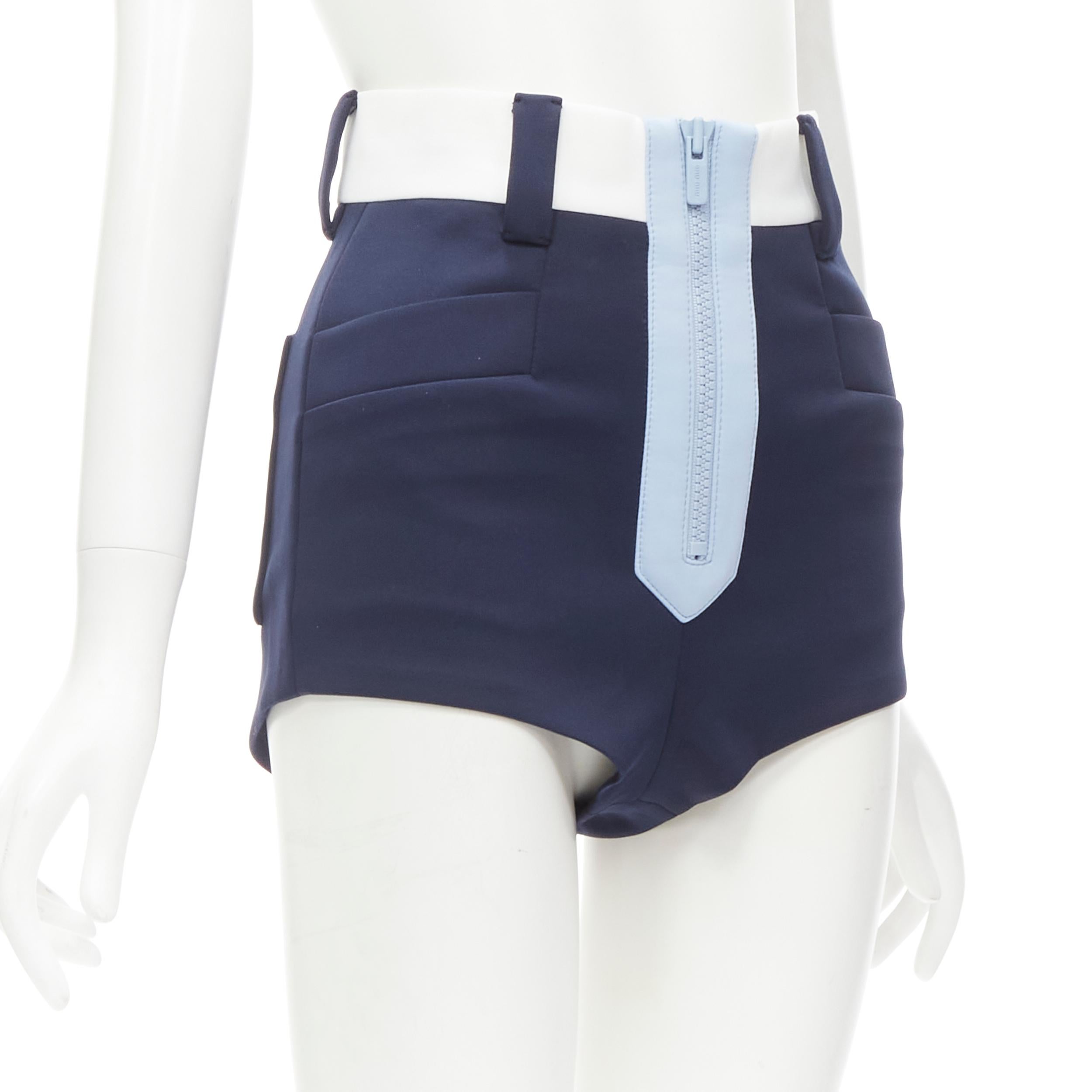 MIU MIU navy sky blue white zip front high waisted thick cotton shorts IT36 XS 
Reference: ANWU/A00522 
Brand: Miu Miu 
Designer: Miuccia Prada 
Material: Feels like cotton 
Color: Blue 
Pattern: Solid 
Closure: ZIp 
Extra Detail: Exposed zip front