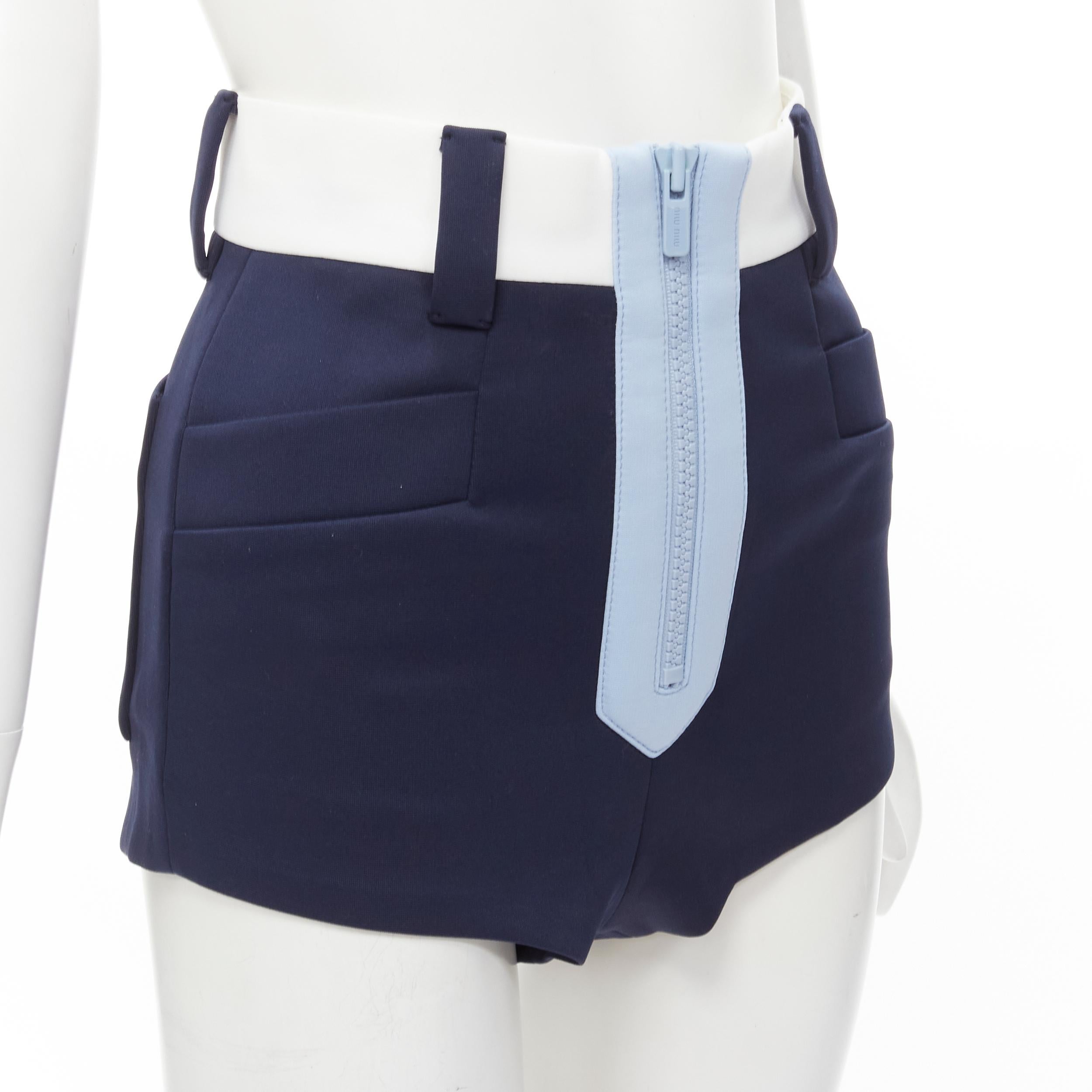 MIU MIU navy sky blue white zip front high waisted thick cotton shorts IT36 XS 1