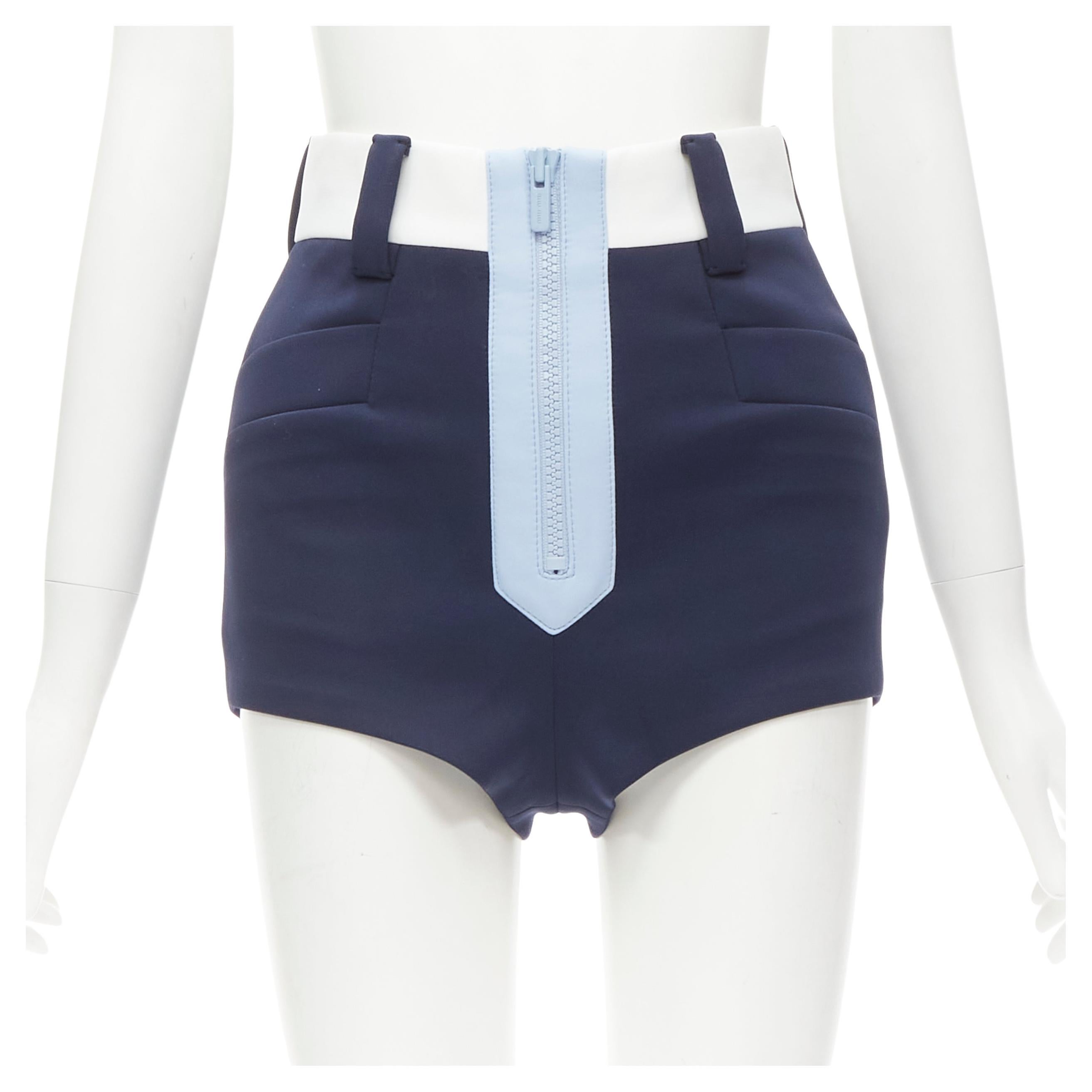 MIU MIU navy sky blue white zip front high waisted thick cotton shorts IT36 XS