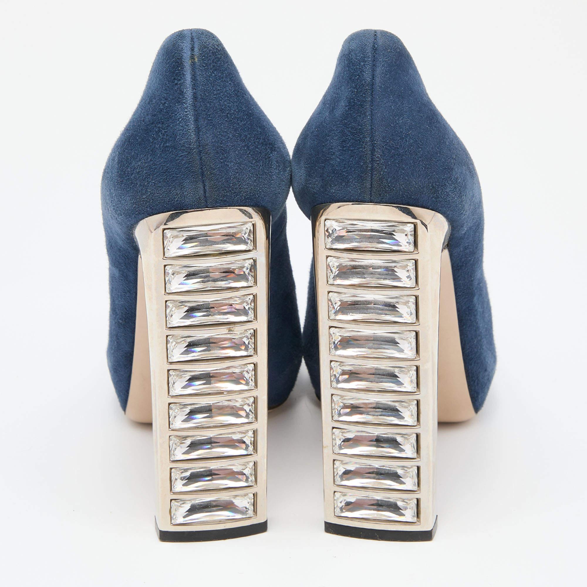 Miu escarpins à talons ouverts en daim bleu marine et sarcelle avec cristaux taille 38,5 Pour femmes en vente