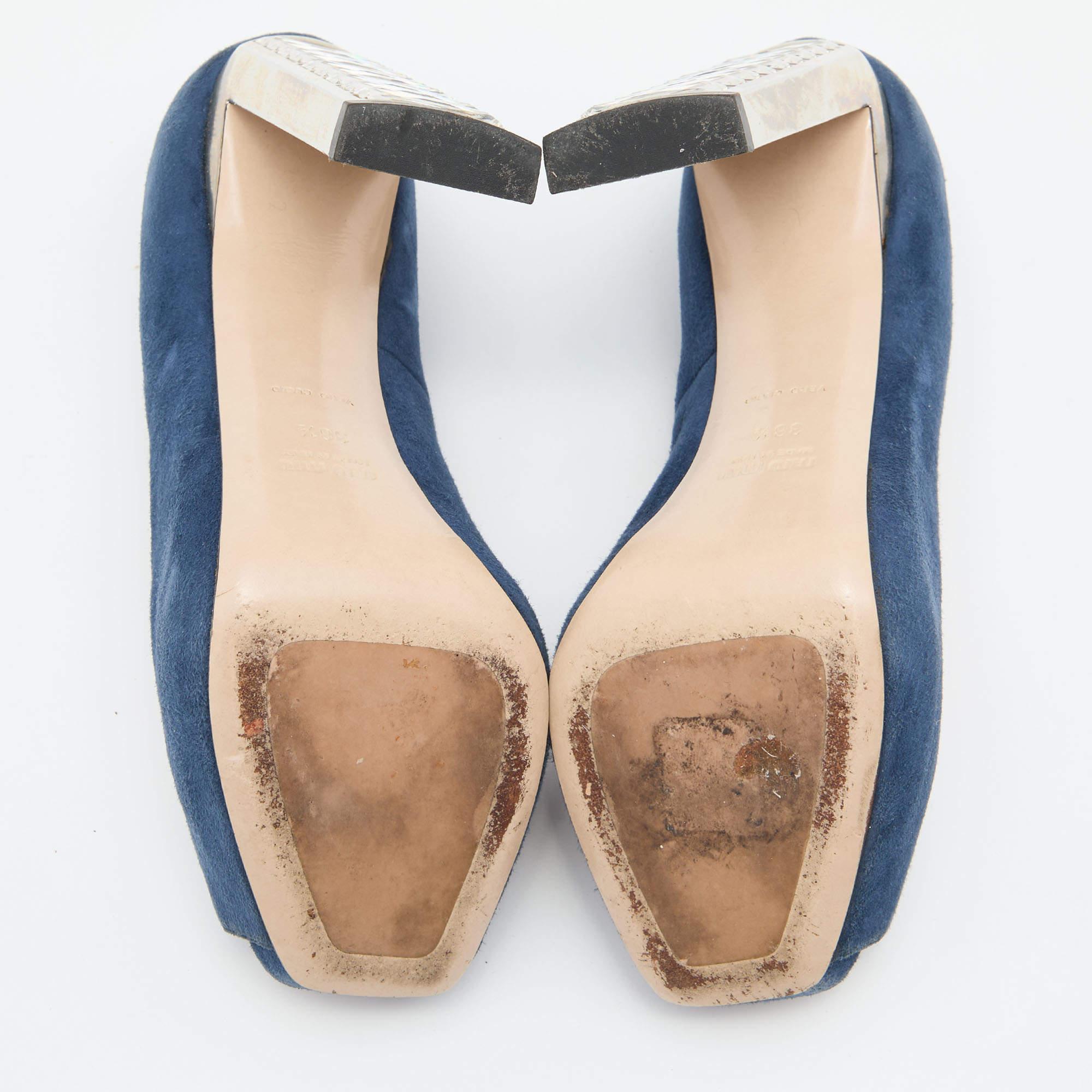 Miu escarpins à talons ouverts en daim bleu marine et sarcelle avec cristaux taille 38,5 en vente 1
