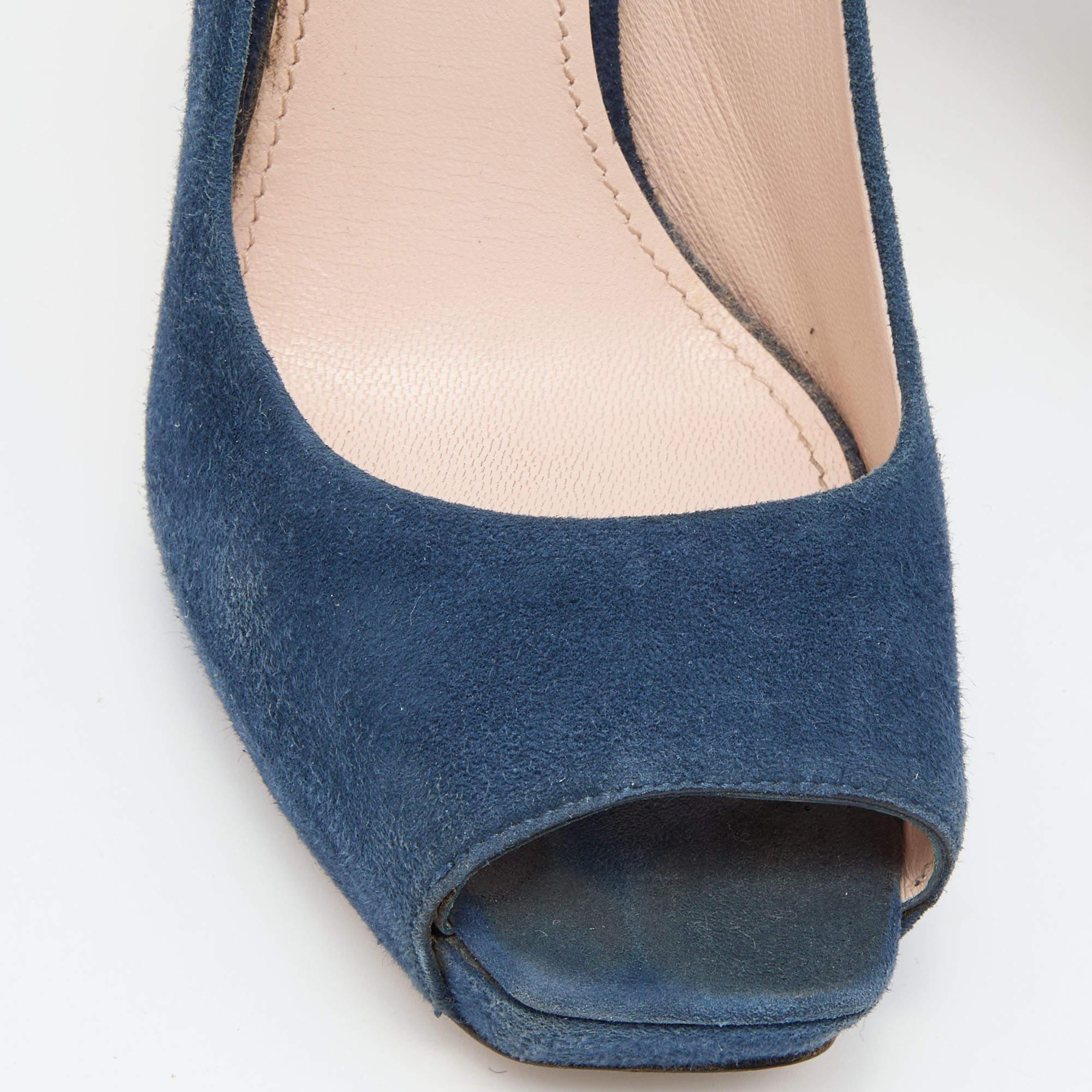 Miu escarpins à talons ouverts en daim bleu marine et sarcelle avec cristaux taille 38,5 en vente 2