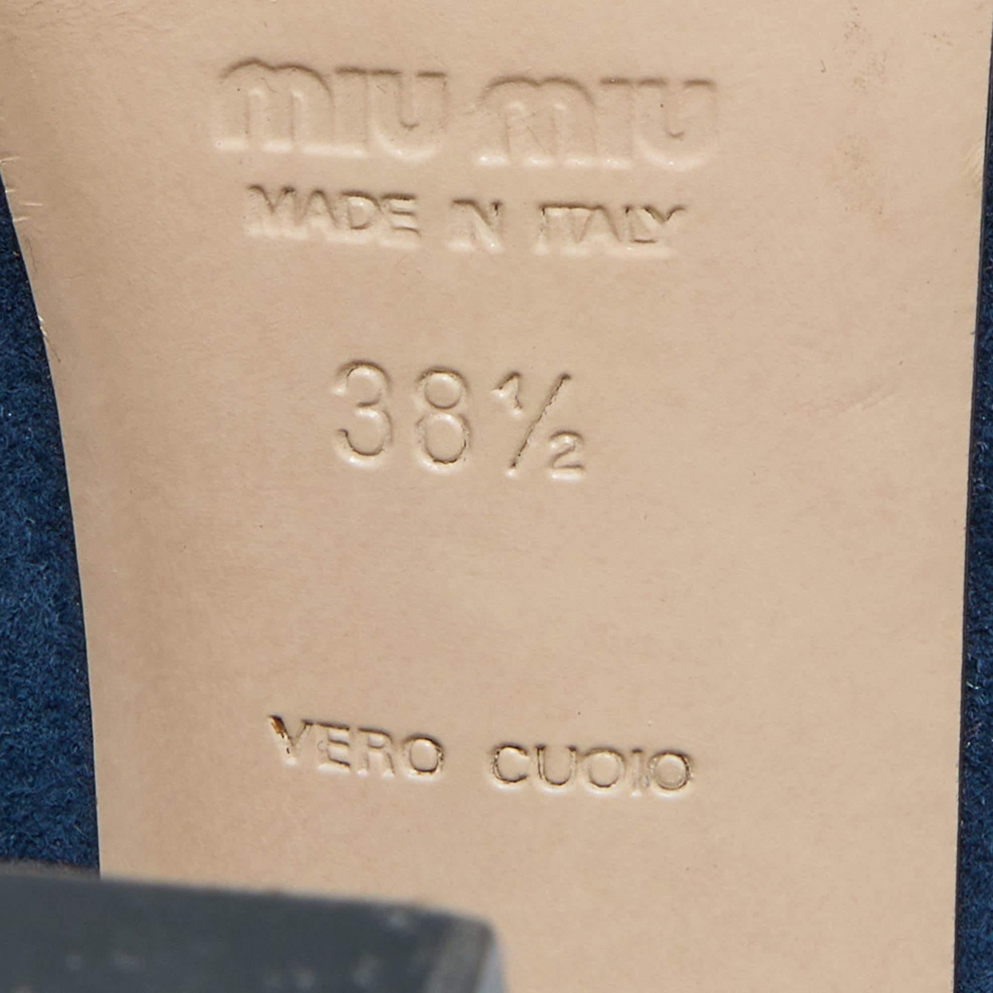 Miu escarpins à talons ouverts en daim bleu marine et sarcelle avec cristaux taille 38,5 en vente 3