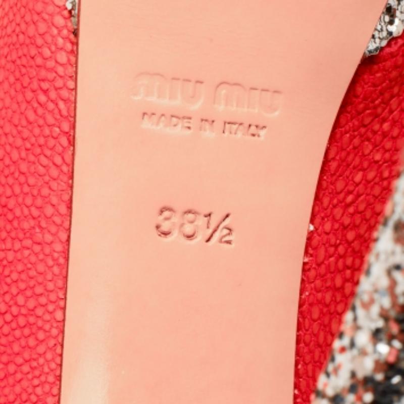 Miu Miu Neon Pink Leather And Glitter Peep Toe Platform Pumps Size 38.5 For Sale 4
