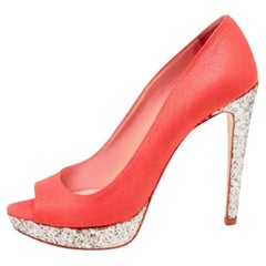 Miu Miu Neon Pink Leather And Glitter Peep Toe Platform Pumps Size 38.5