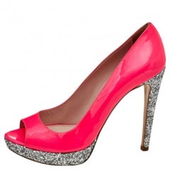 Miu Miu Neon Pink Patent Leather Peep Toe Pumps Size 38.5