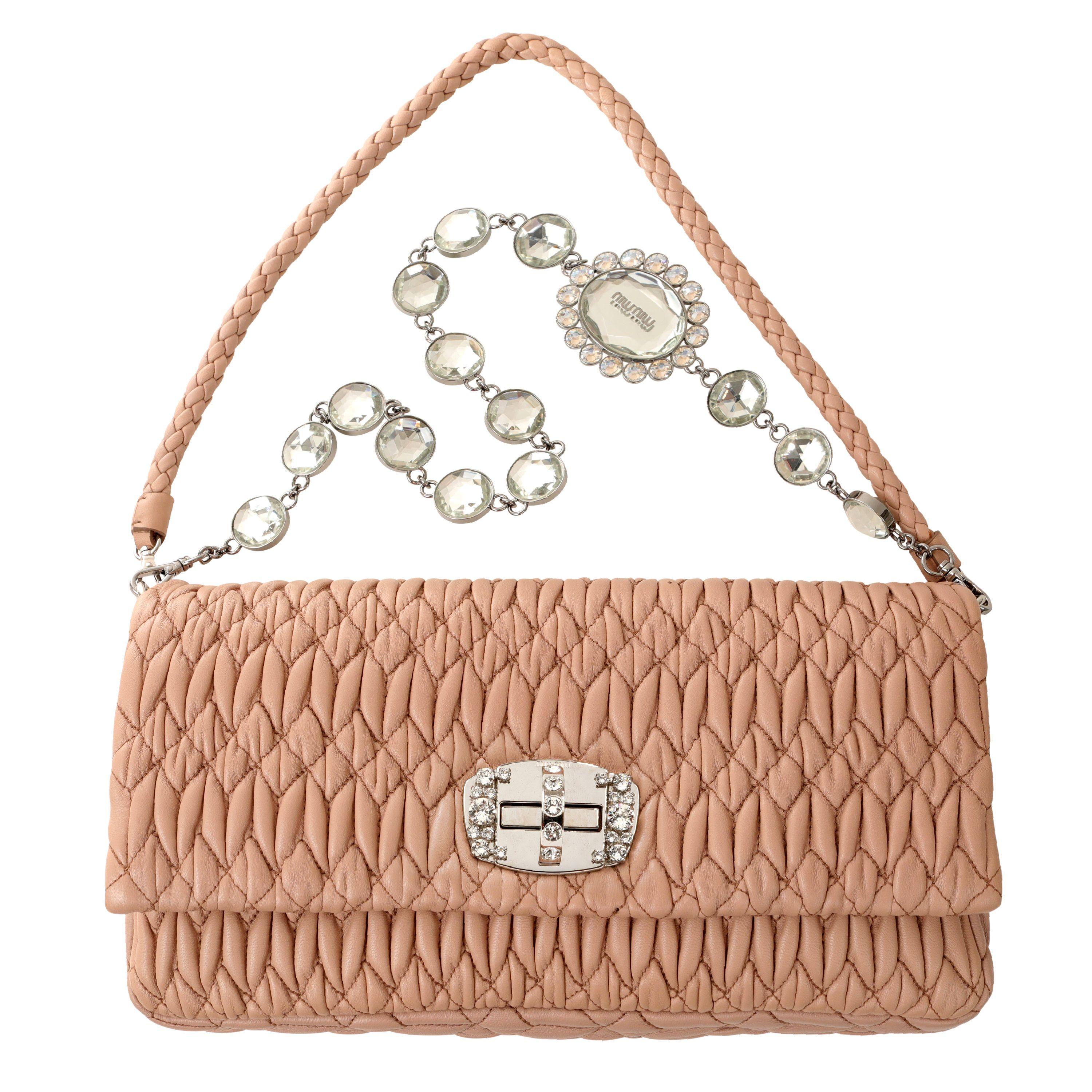 Brown Miu Miu Nude Iconic Crystal Cloquè Small Bag with Silver Hardware For Sale