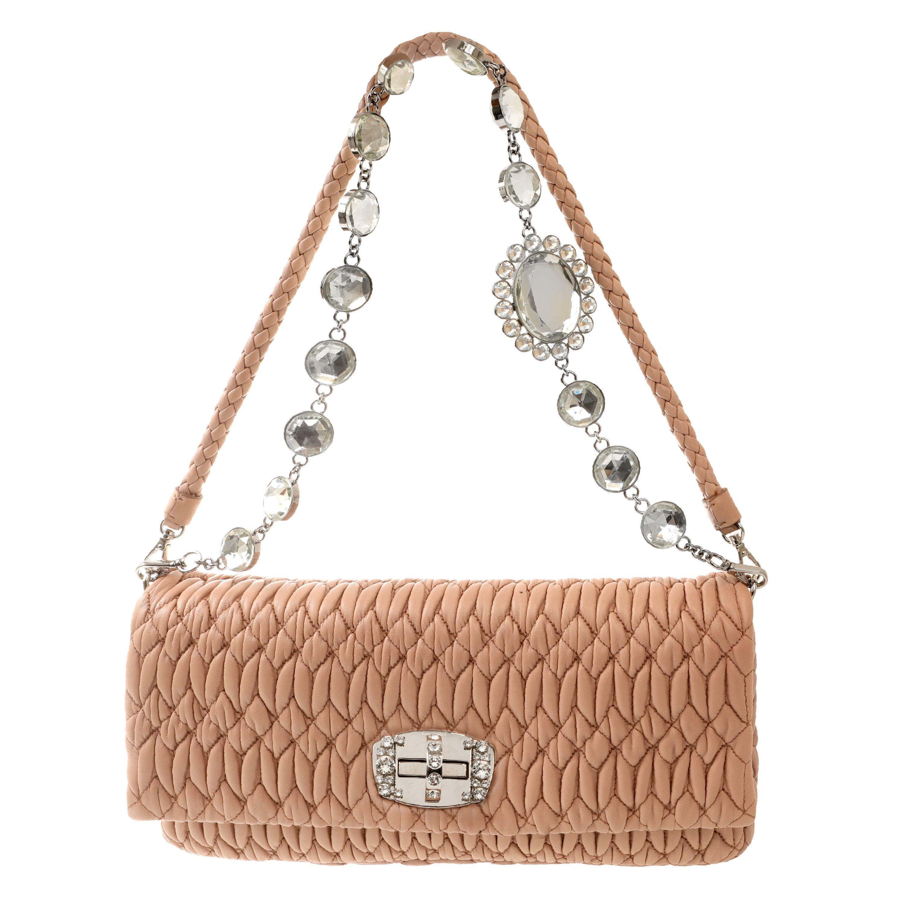 Miu Miu Nude Iconic Crystal Cloquè Small Bag with Silver Hardware In Excellent Condition For Sale In Palm Beach, FL